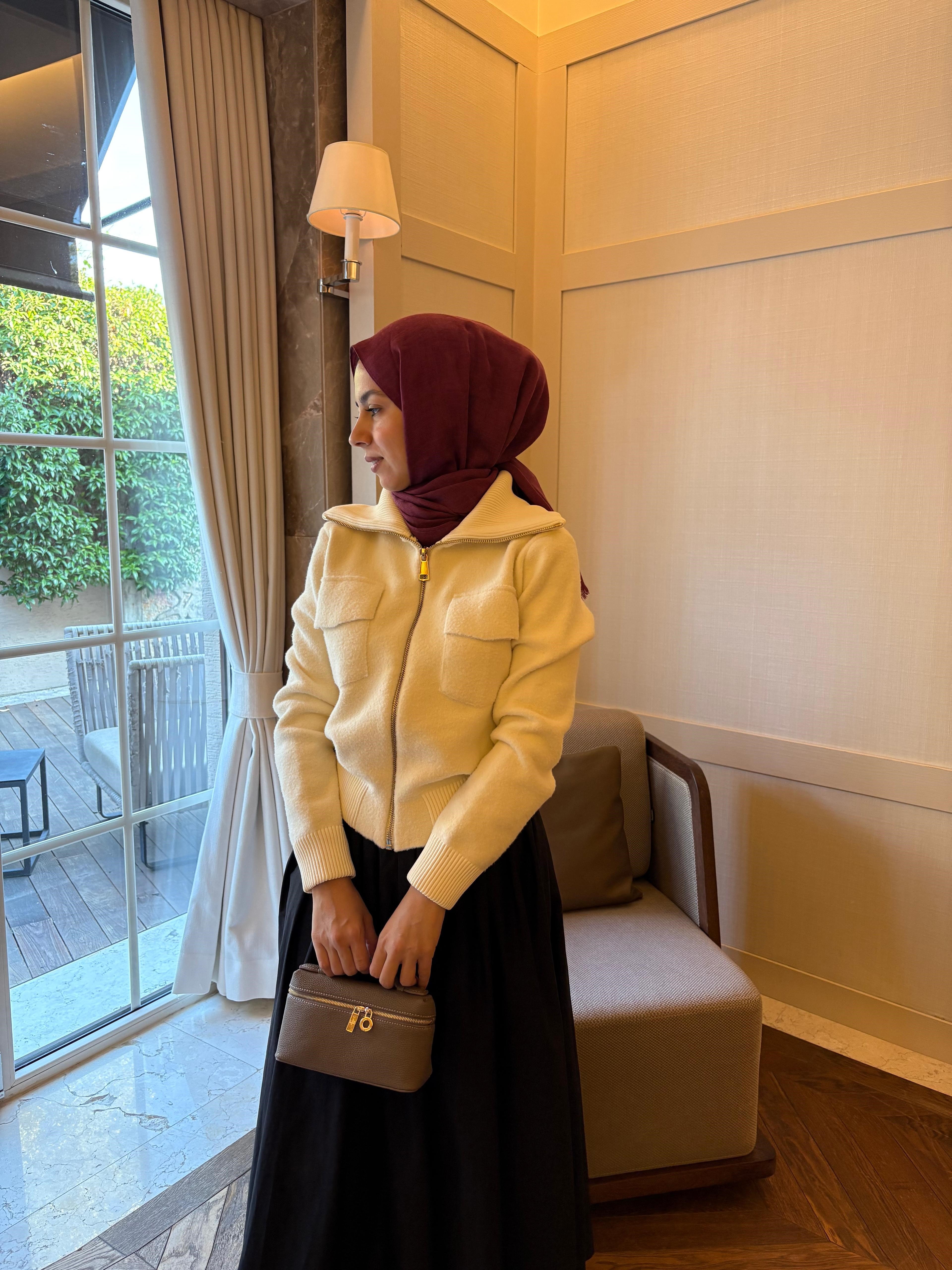 Ekru Ribana Detaylı Kaşe Ceket 
