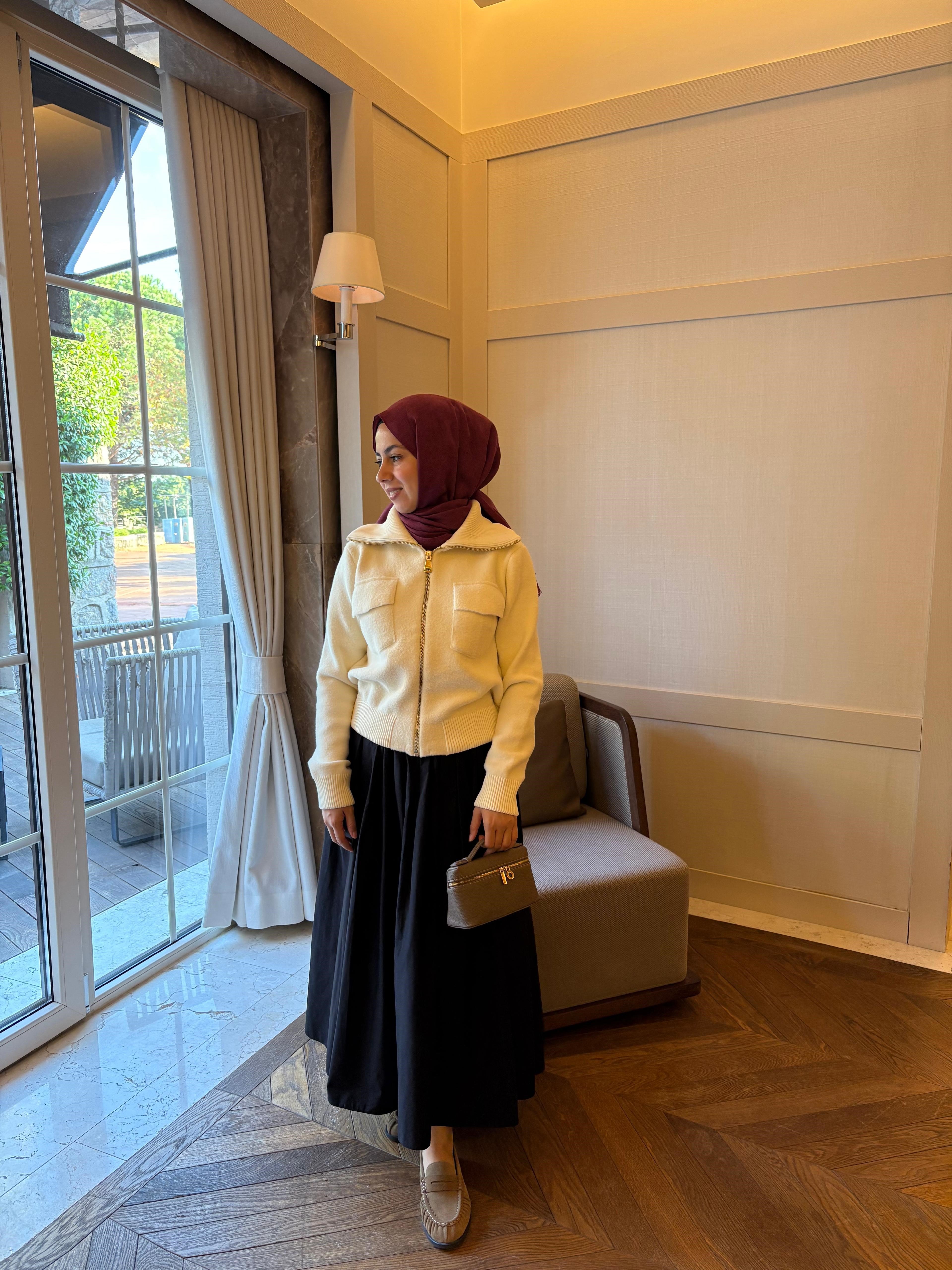 Ekru Ribana Detaylı Kaşe Ceket 