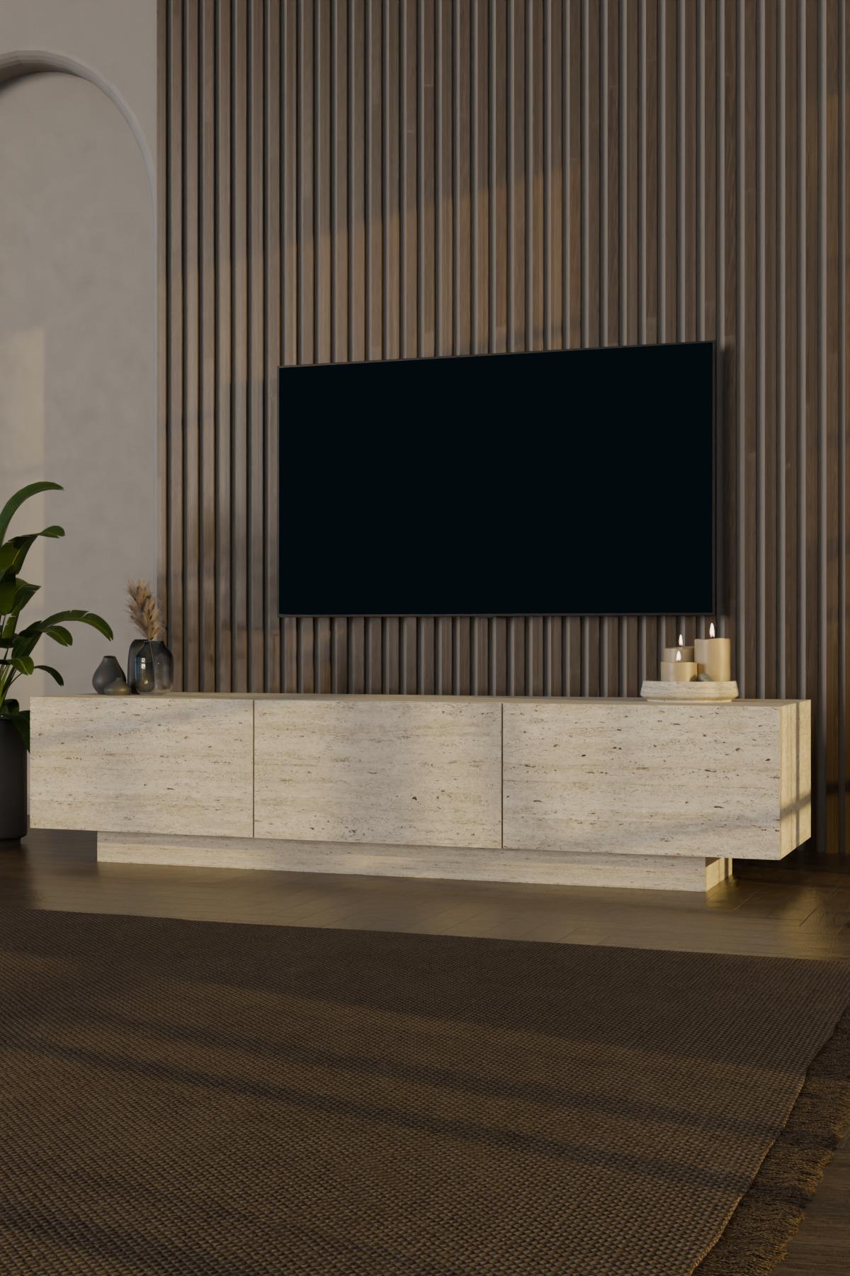 Almad Led Işıklı Tv Ünitesi Modern Uçan Tv Sehpası 3 Kapaklı Bohem Minimal Tasarım Traverten