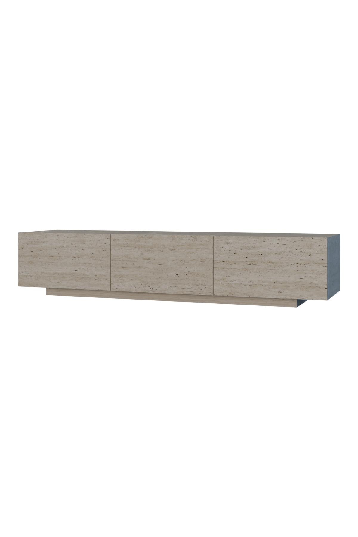 Almad Led Işıklı Tv Ünitesi Modern Uçan Tv Sehpası 3 Kapaklı Bohem Minimal Tasarım Traverten