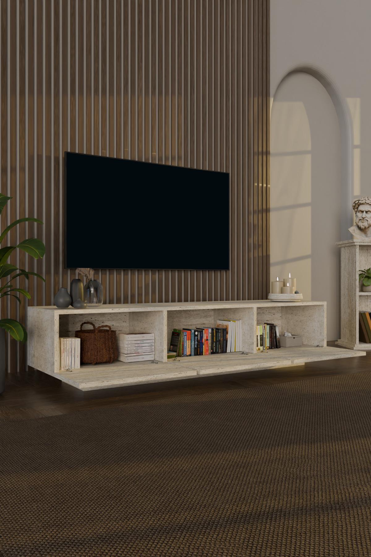Almad Led Işıklı Tv Ünitesi Modern Uçan Tv Sehpası 3 Kapaklı Bohem Minimal Tasarım Traverten