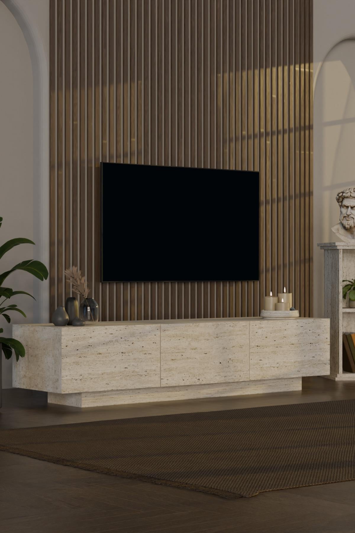 Almad Led Işıklı Tv Ünitesi Modern Uçan Tv Sehpası 3 Kapaklı Bohem Minimal Tasarım Traverten