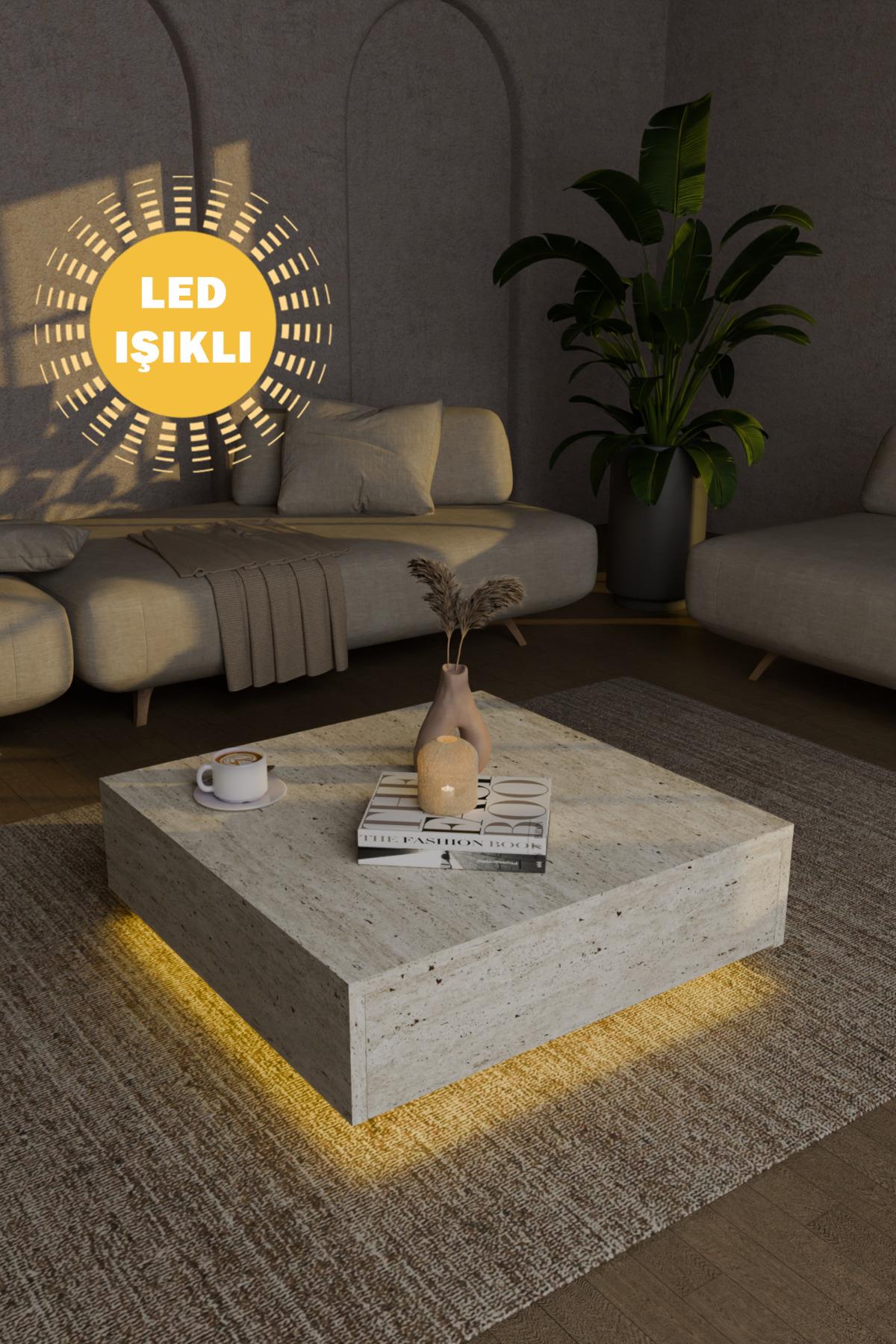 Almad Led Işıklı Tv Ünitesi ve Led Işıklı Kare Orta Sehpa Takımı Bohem Tarz Modern Tasarım Traverten