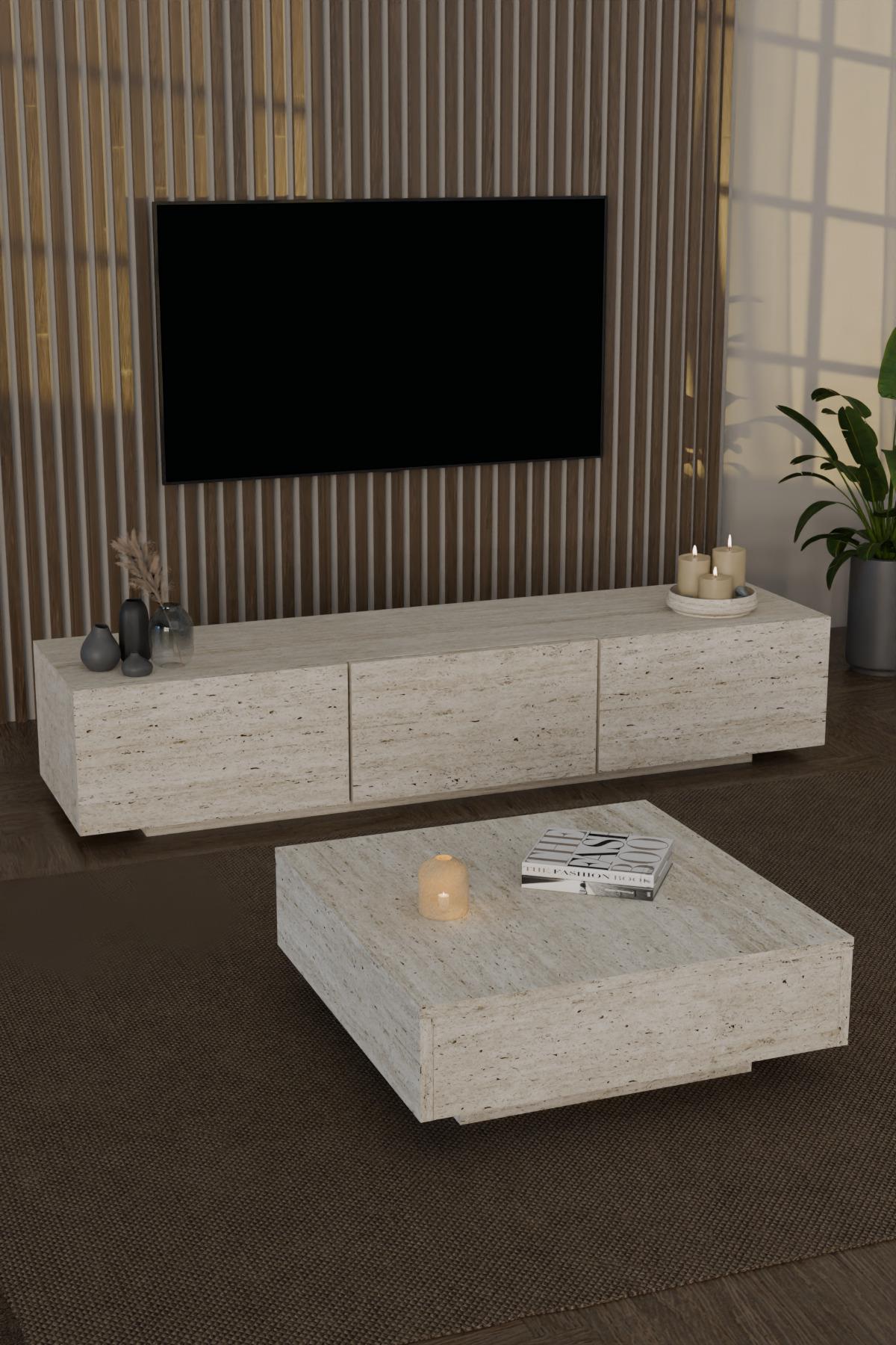 Almad Led Işıklı Tv Ünitesi ve Led Işıklı Kare Orta Sehpa Takımı Bohem Tarz Modern Tasarım Traverten