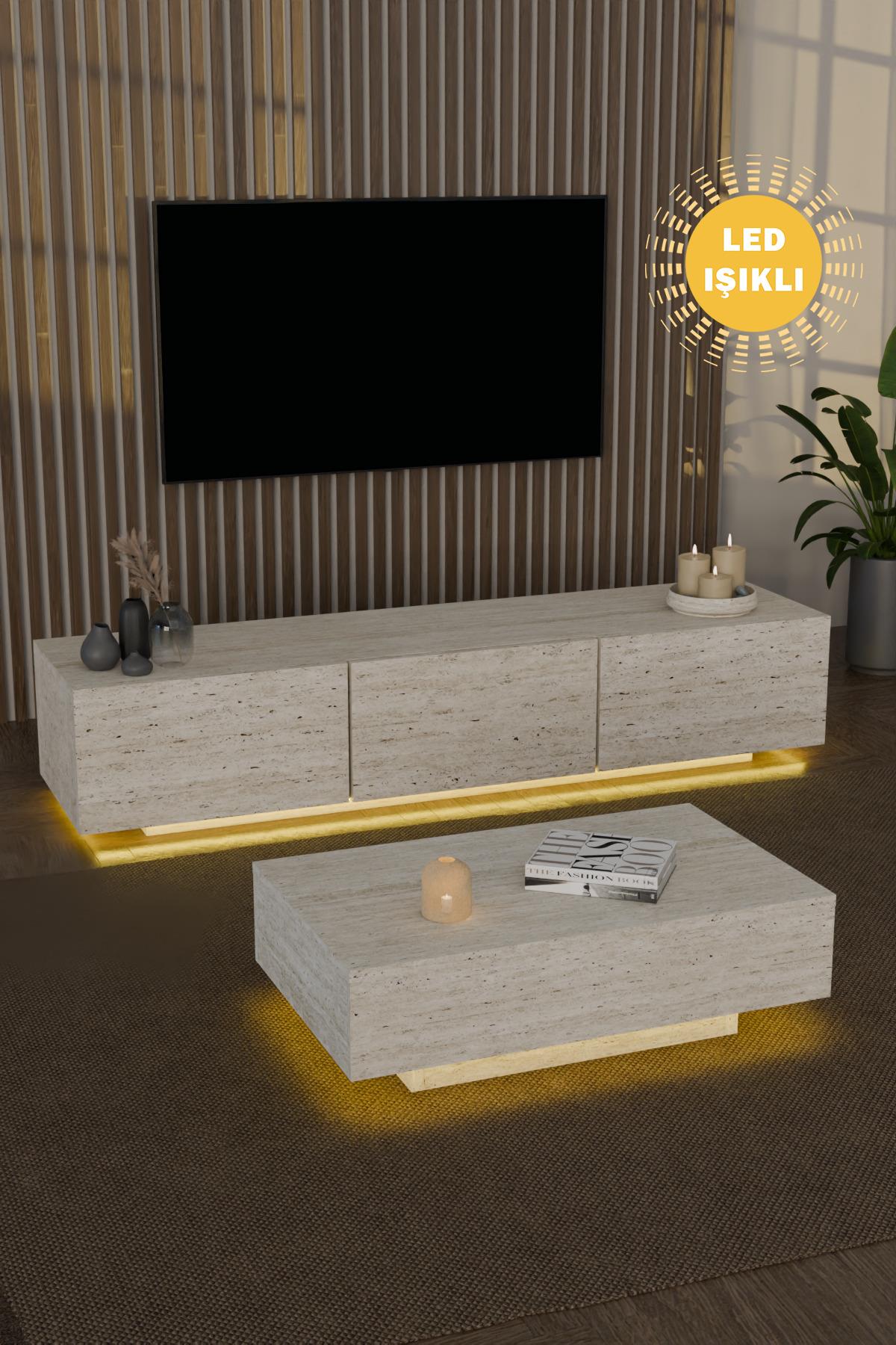 Almad Led Işıklı Tv Ünitesi ve Led Işıklı Dikdörtgen Orta Sehpa Takımı Modern Tasarım Traverten