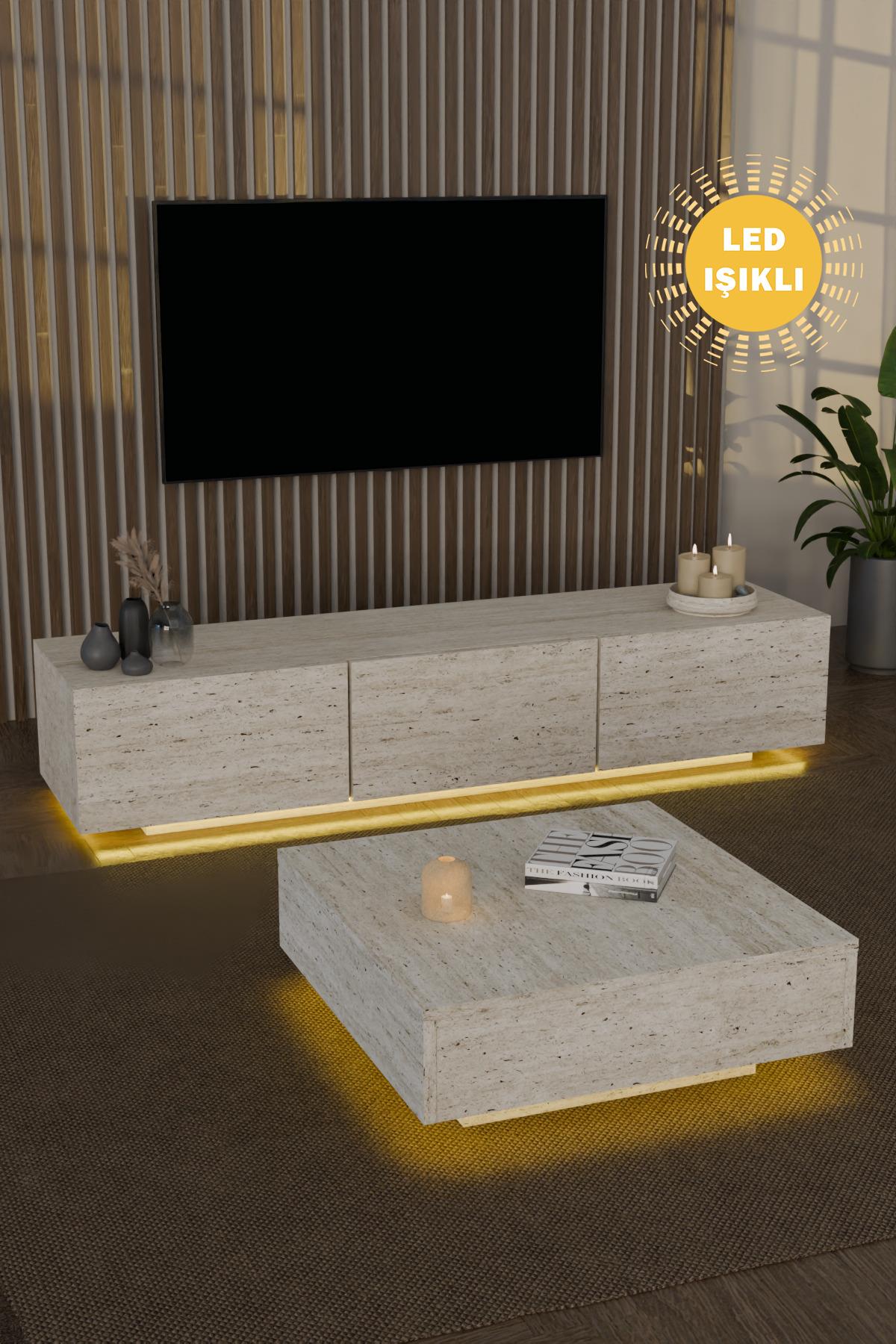 Almad Led Işıklı Tv Ünitesi ve Led Işıklı Kare Orta Sehpa Takımı Bohem Tarz Modern Tasarım Traverten