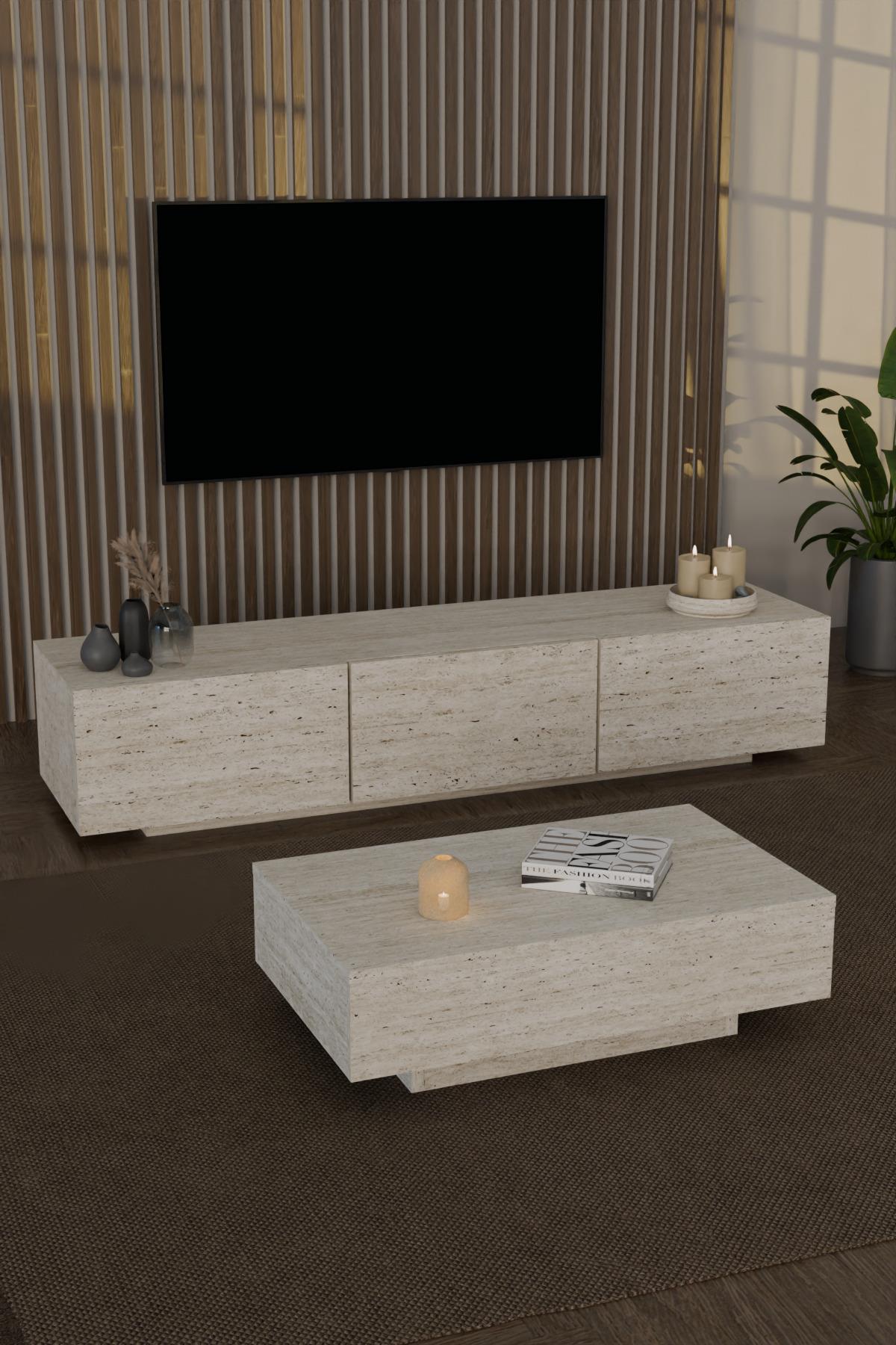 Almad Led Işıklı Tv Ünitesi ve Led Işıklı Dikdörtgen Orta Sehpa Takımı Modern Tasarım Traverten