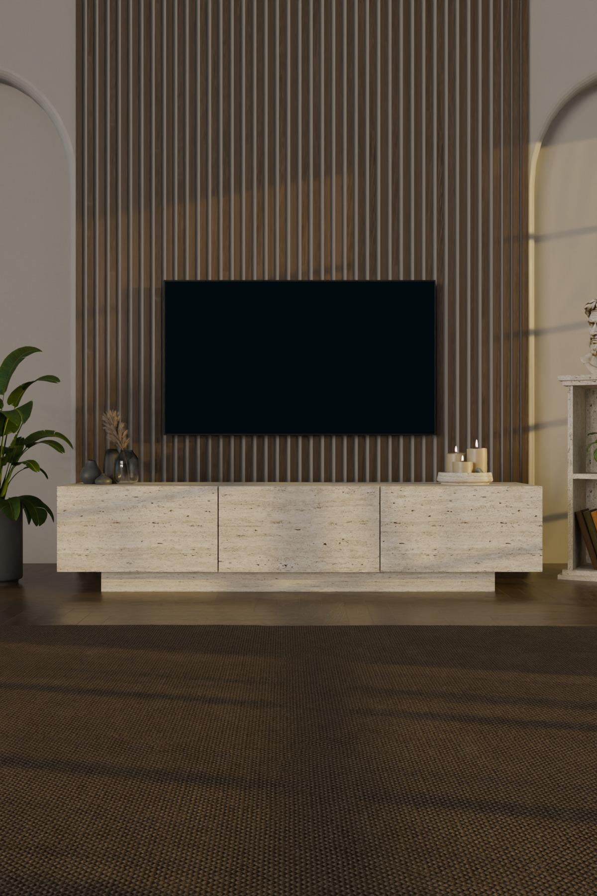AlmadDouble Led Işıklı Tv Ünitesi Modern Uçan Tv Sehpası 6 kapaklı 260cm Traverten Desen