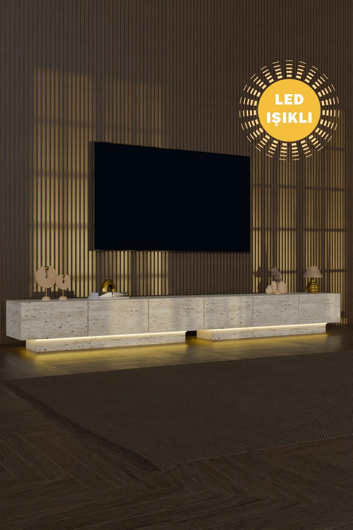 AlmadDouble Led Işıklı Tv Ünitesi Modern Uçan Tv Sehpası 6 kapaklı 260cm Traverten Desen