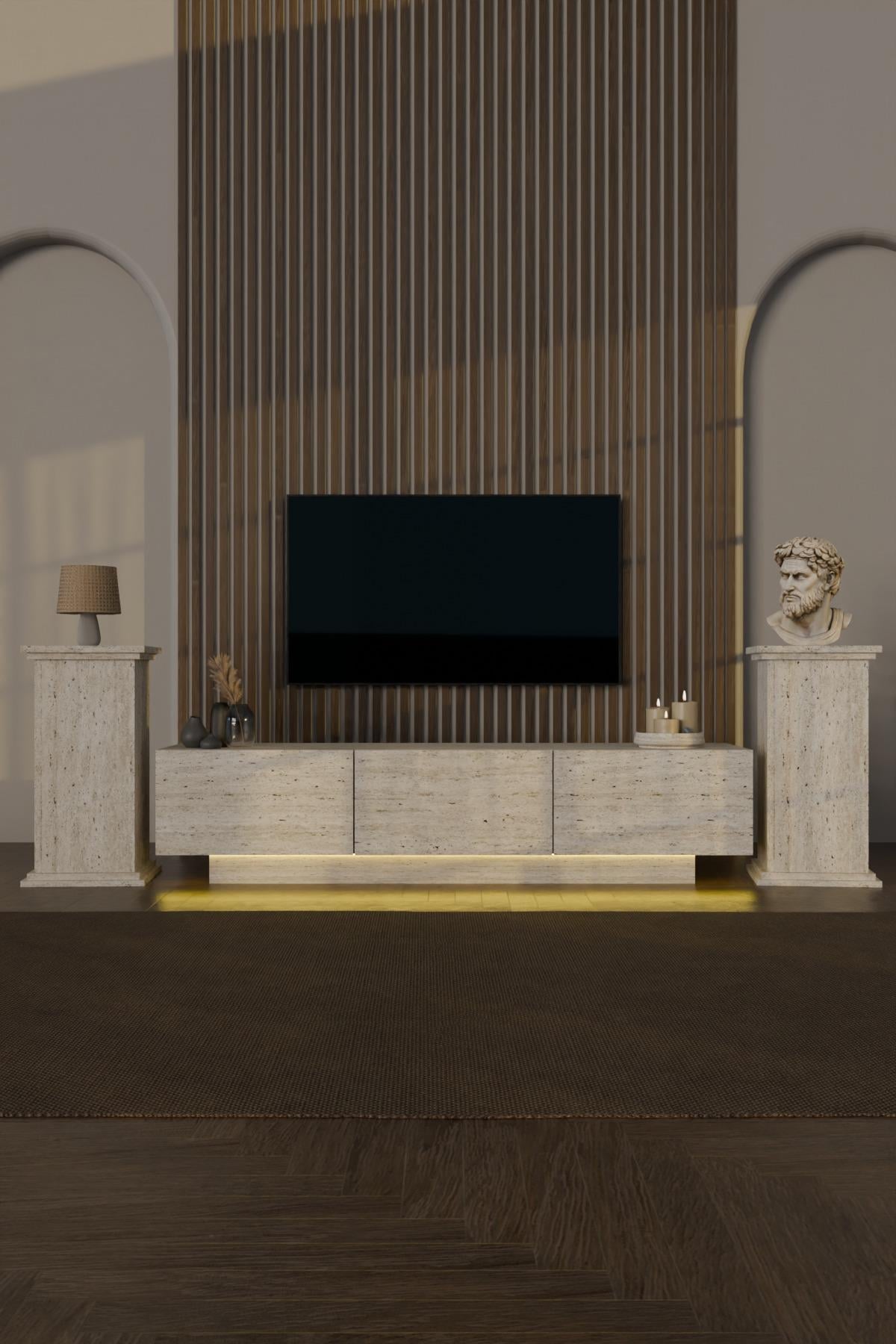 Almadfes Led Işıklı Tv Ünitesi 190cm Sağ ve Sol 2 Yanı Kitaplıklı 3 Kapaklı Modern Çizgi Traverten