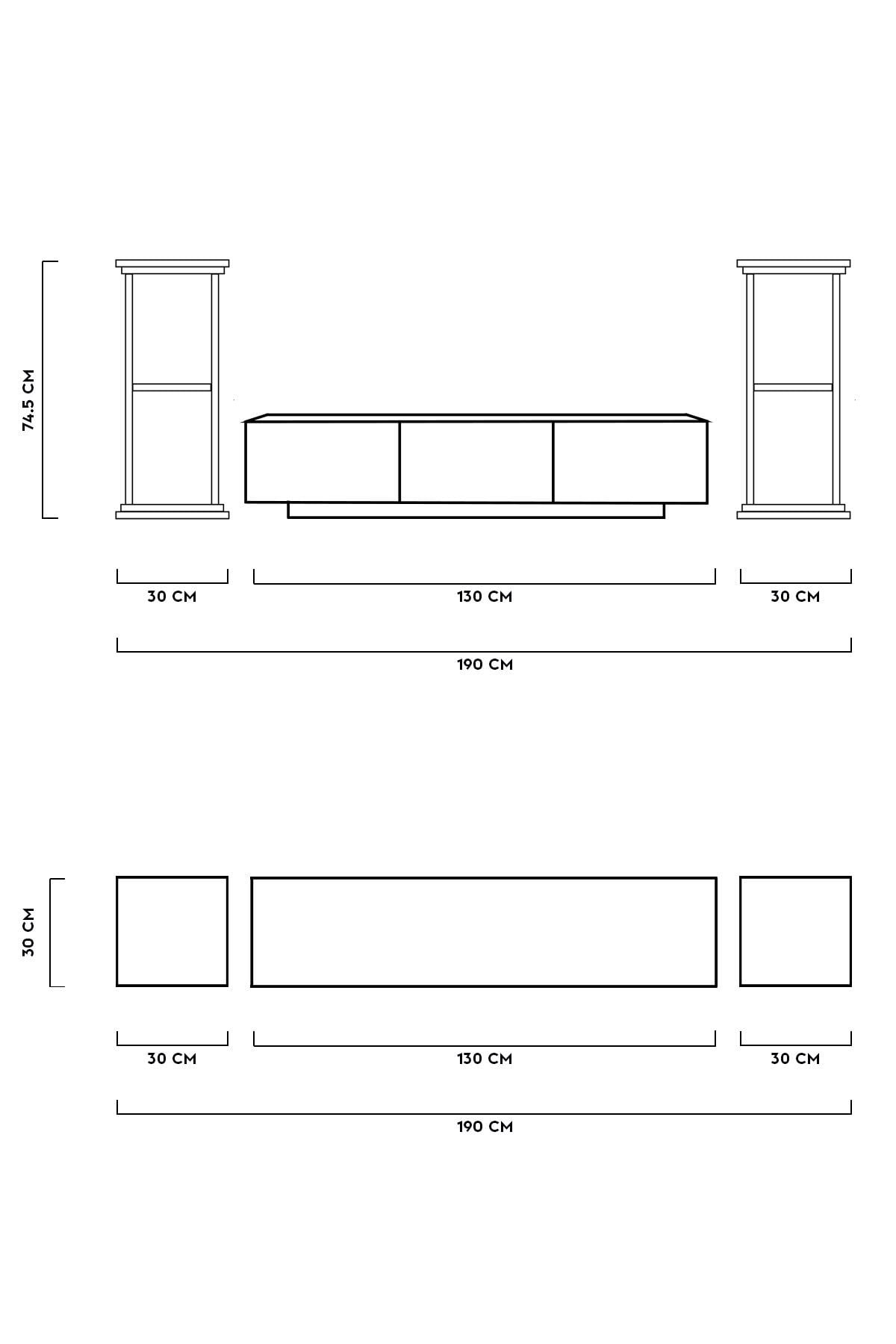 Almadfes Led Işıklı Tv Ünitesi 190cm Sağ ve Sol 2 Yanı Kitaplıklı 3 Kapaklı Modern Çizgi Traverten
