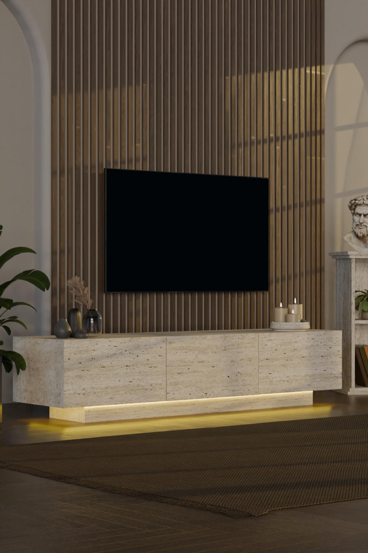 Almadfes Led Işıklı Tv Ünitesi 190cm Sağ ve Sol 2 Yanı Kitaplıklı 3 Kapaklı Modern Çizgi Traverten