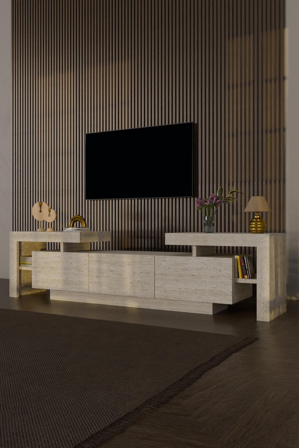 BulForte Led Işıklı Tv Ünitesi 190cm Modern 3 Kapaklı Raflı Uçan Tv Sehpası Traverten Desen
