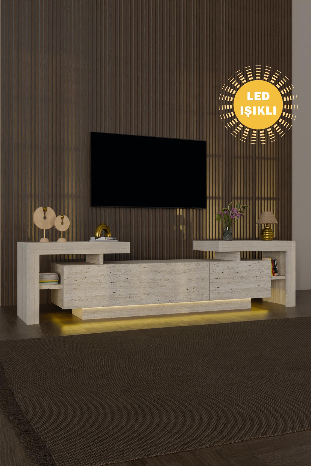 BulForte Led Işıklı Tv Ünitesi 190cm Modern 3 Kapaklı Raflı Uçan Tv Sehpası Traverten Desen