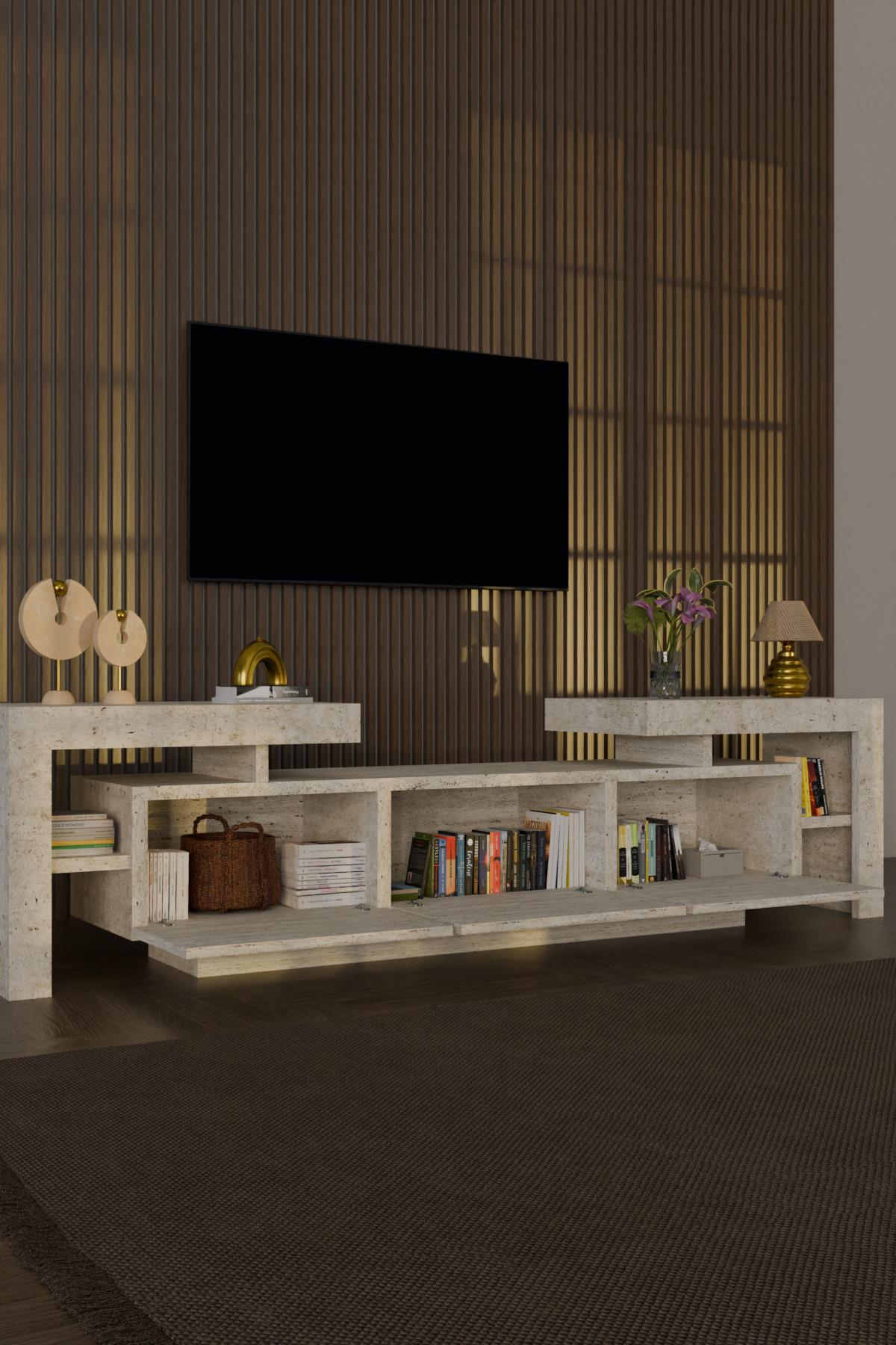 BulForte Tv Ünitesi 190cm Modern 3 Kapaklı Raflı Uçan Tv Sehpası Traverten Desen