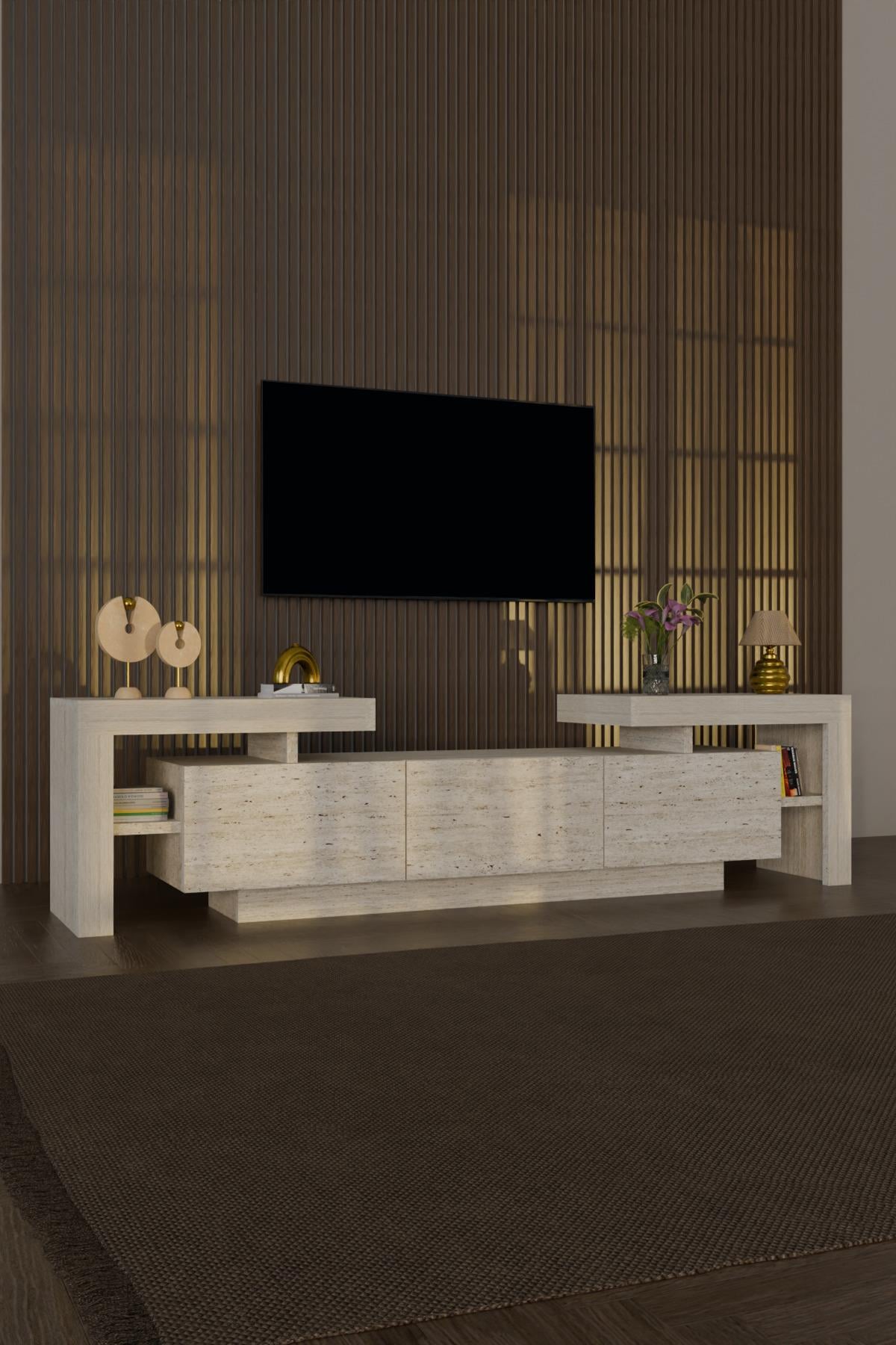 BulForte Tv Ünitesi 190cm Modern 3 Kapaklı Raflı Uçan Tv Sehpası Traverten Desen