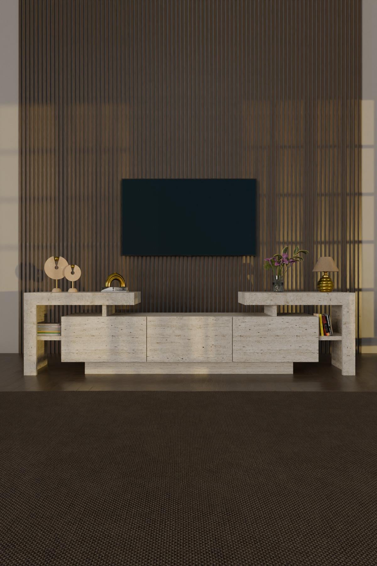 BulForte Tv Ünitesi 190cm Modern 3 Kapaklı Raflı Uçan Tv Sehpası Traverten Desen
