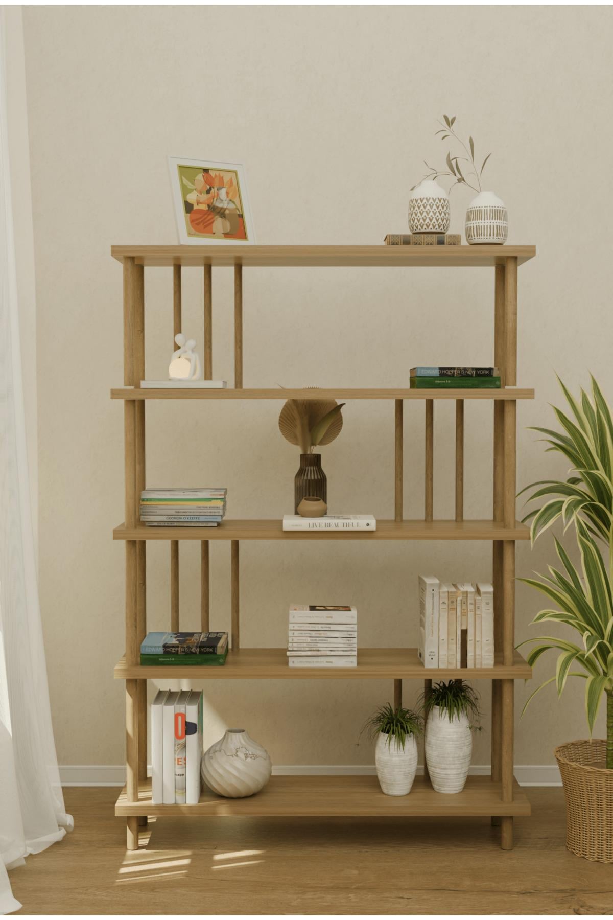 Çevir Kur 5 Raflı Modern Kitaplık Bohem Tarz Çok Amaçlı Düzenleyici Raf Safir Meşe wbt511