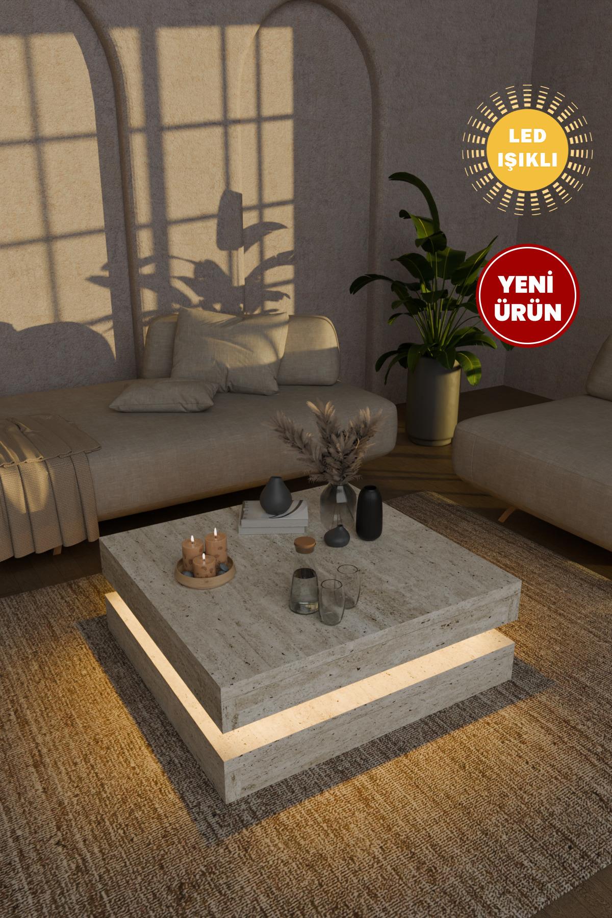 Dammas Led Işıklı Kare Orta Sehpa Modern 2 Katlı Orta Sehpa İkonik Tasarım Sehpa Traverten Desen