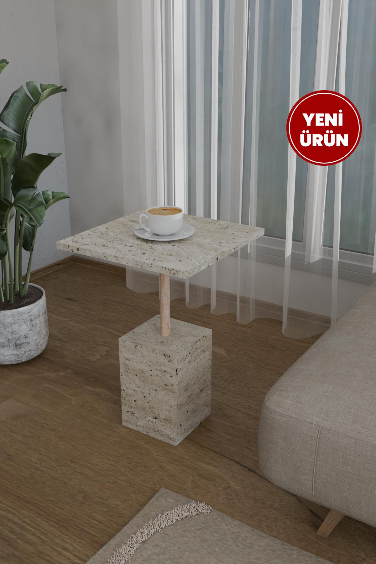 Edisam İkonik Yan Sehpa Koltuk Sehpası Zigon Sehpa Servis Sehpası Ahşap Gövde Traverten Desen