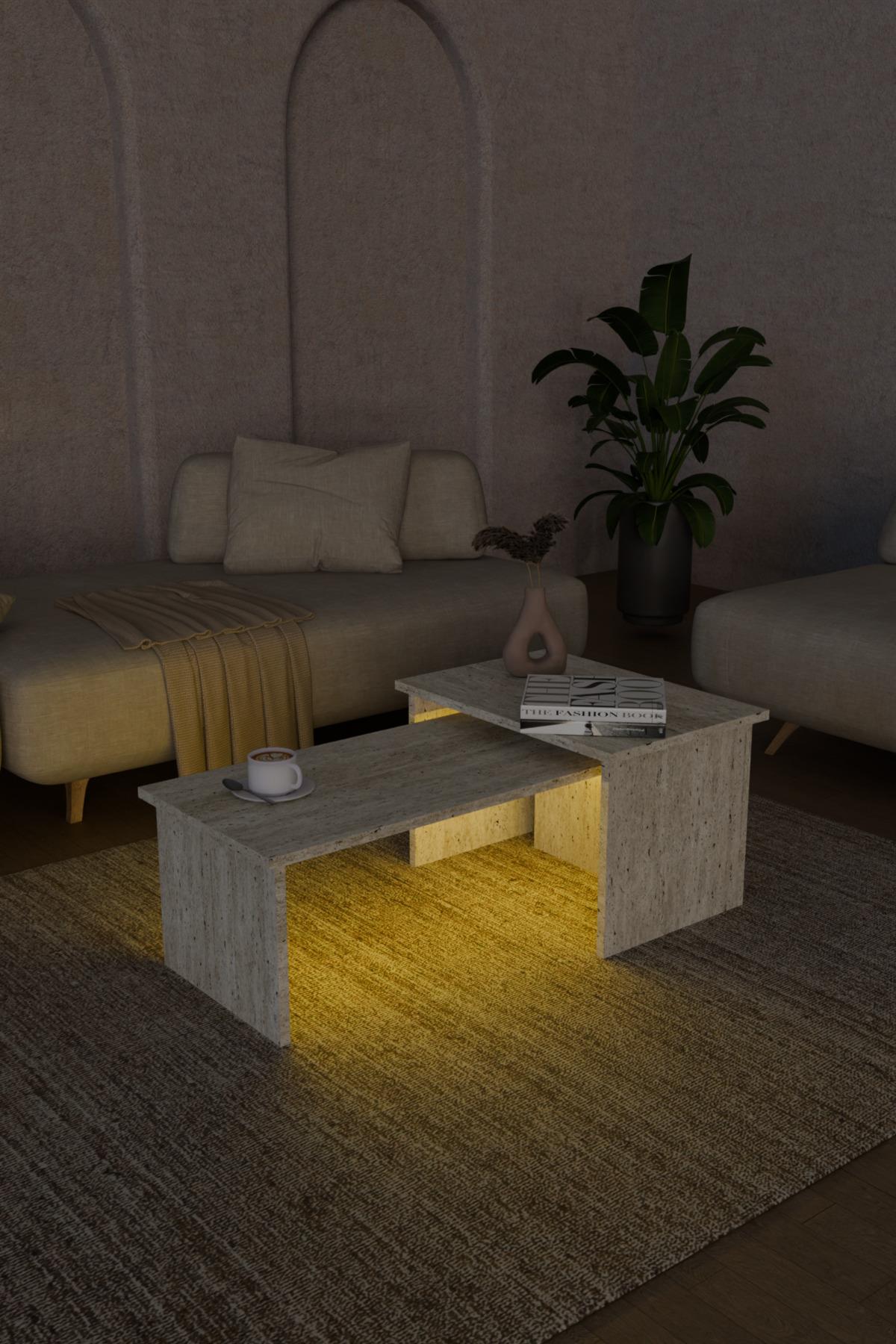 Helsinki Led Işıklı 2li Orta Sehpa Yan Sehpa Traverten Mermer Desen