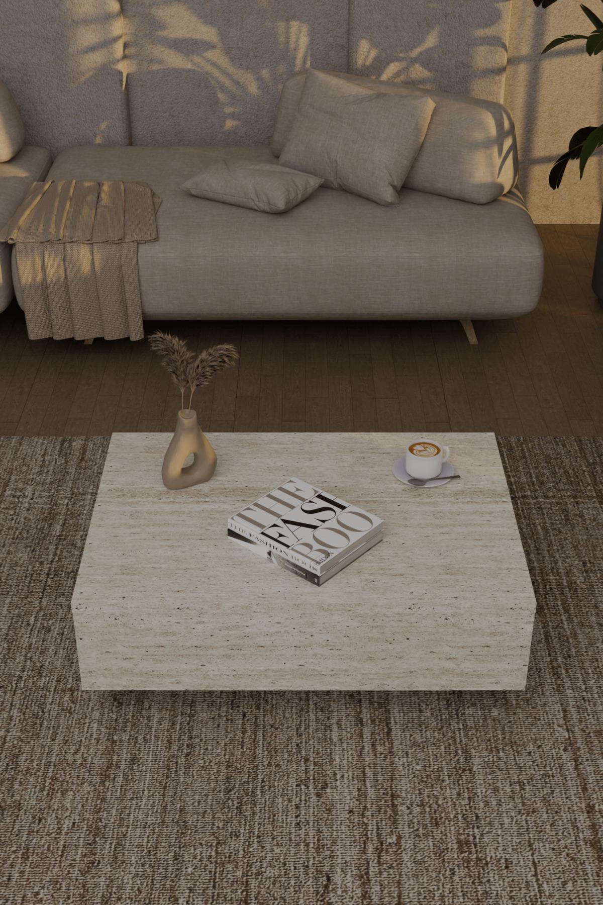 Nisay Dikdörtgen Orta Sehpa Yeni Nesil Modern Uçan Orta Sehpa Ahşap Traverten Mermer Desen 60x90