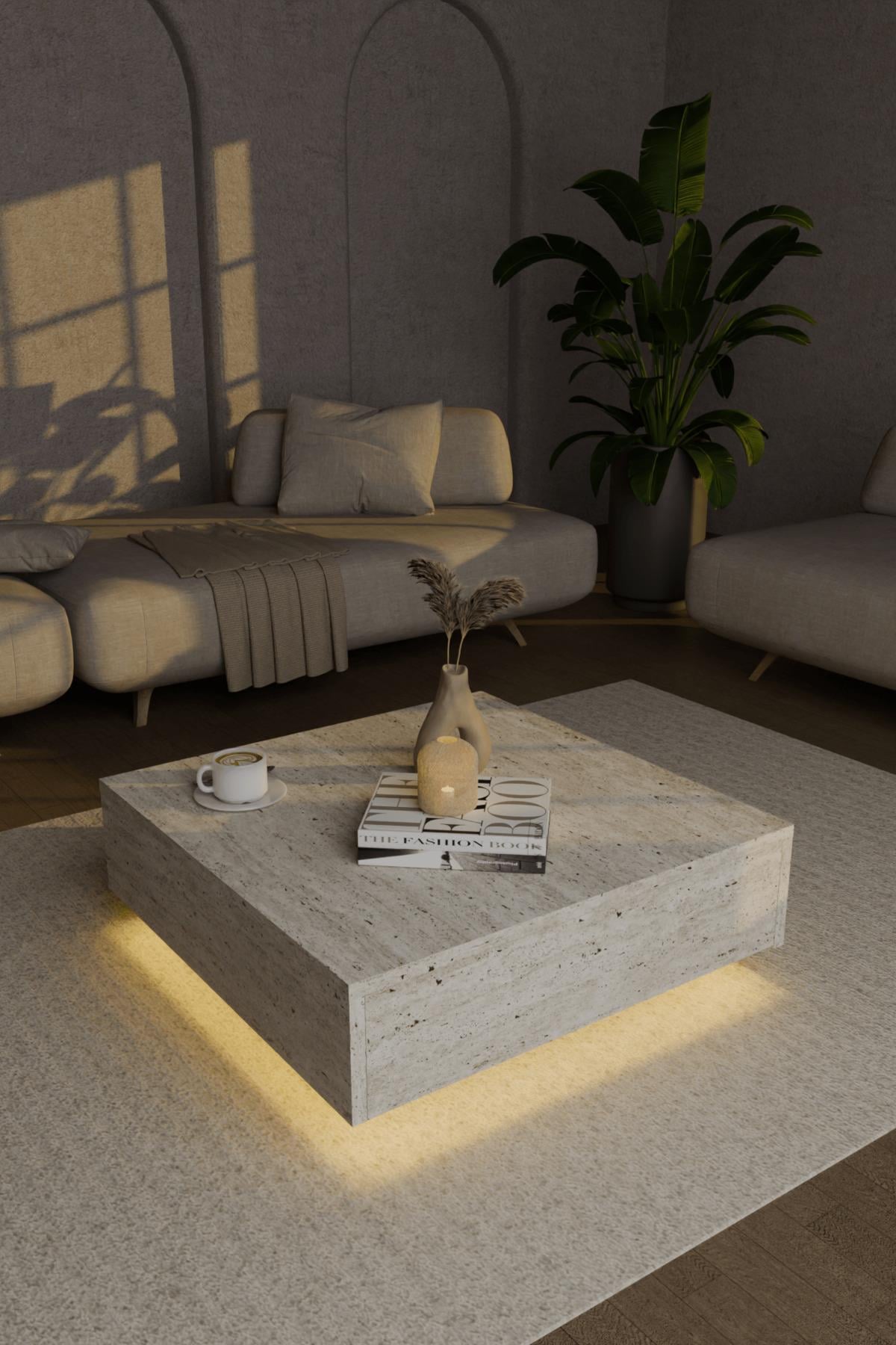 Nisay Led Işıklı Kare Orta Sehpa Uçan Yeni Nesil Modern Küp Sehpa Traverten Mermer Desen
