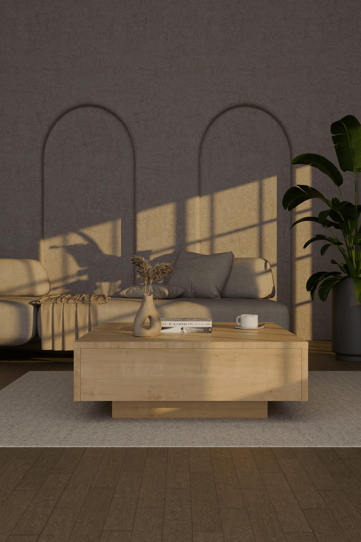 Nisay Led Işıklı Kare Orta Sehpa Uçan Yeni Nesil Modern Küp Sehpa Traverten Mermer Desen
