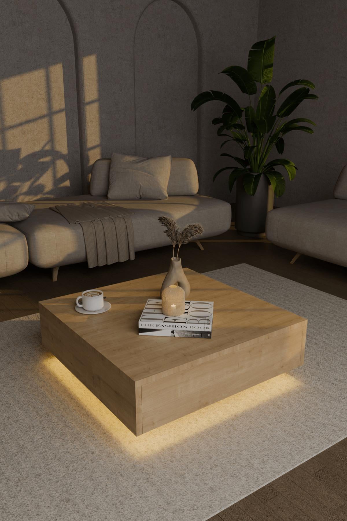Nisay Led Işıklı Kare Orta Sehpa Uçan Yeni Nesil Modern Küp Sehpa Traverten Mermer Desen