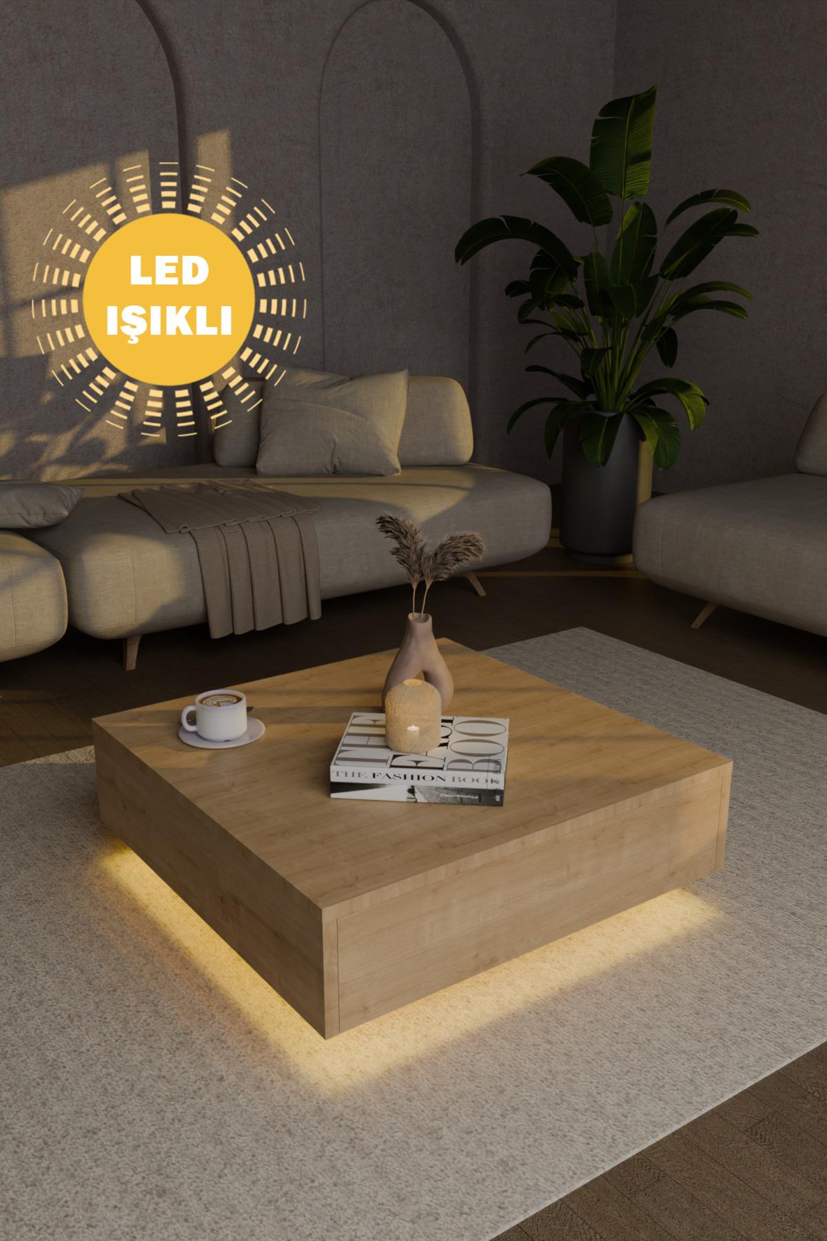 Nisay Led Işıklı Kare Orta Sehpa Uçan Yeni Nesil Modern Küp Sehpa Traverten Mermer Desen