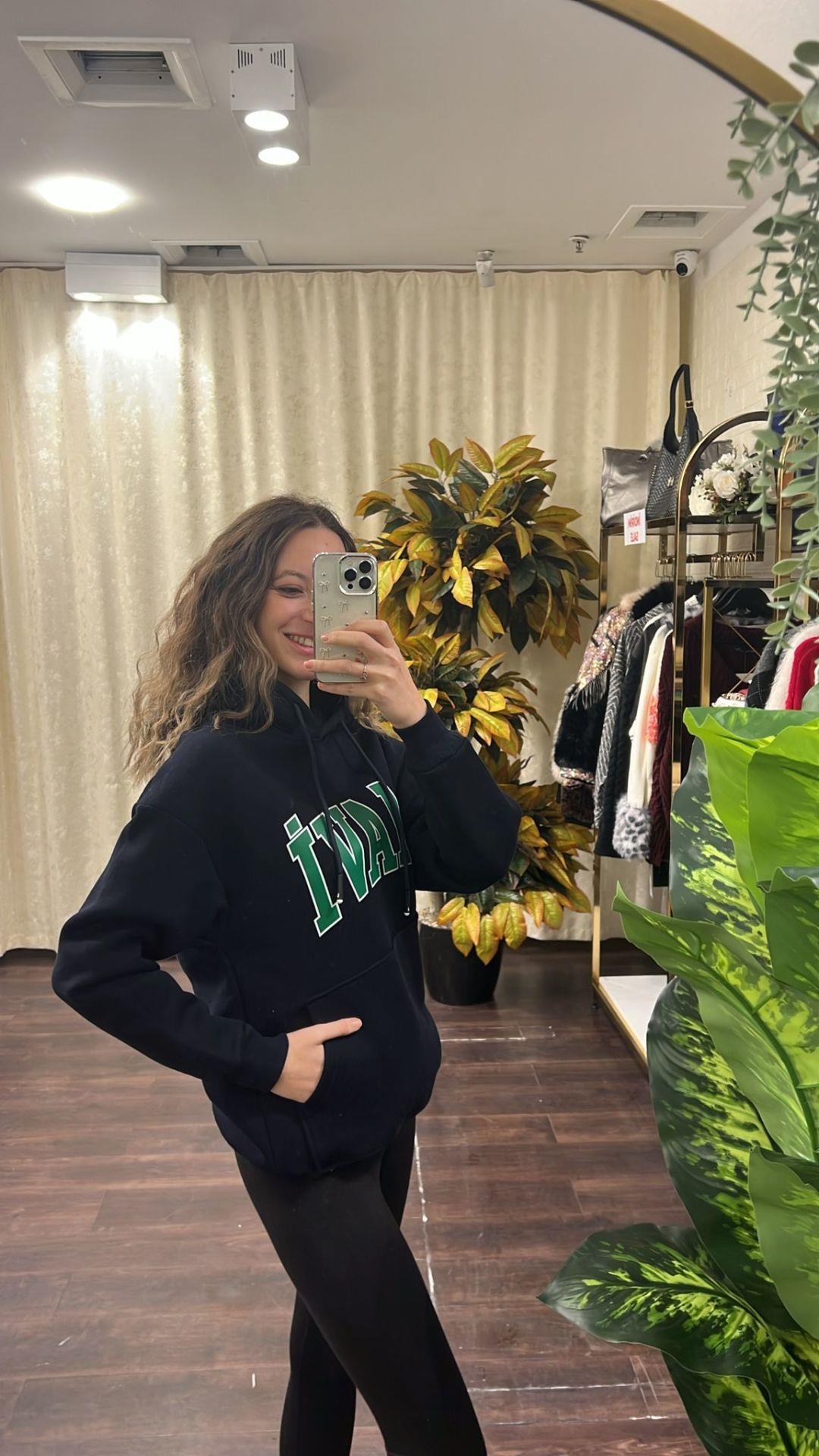 Lacivert Renk Baskılı Kapüşonlu ve Cep Detaylı Sweatshirt