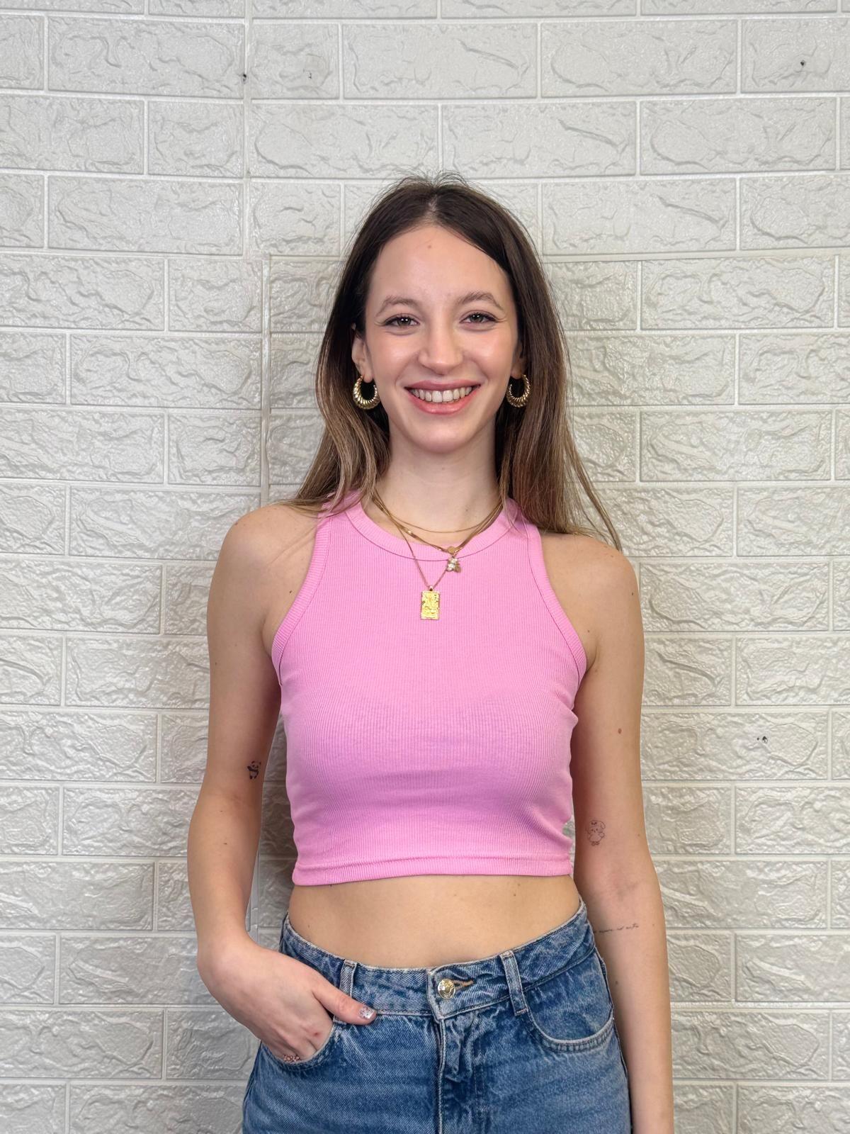 Pembe Renk Fitilli Kalın Askılı Crop Atlet
