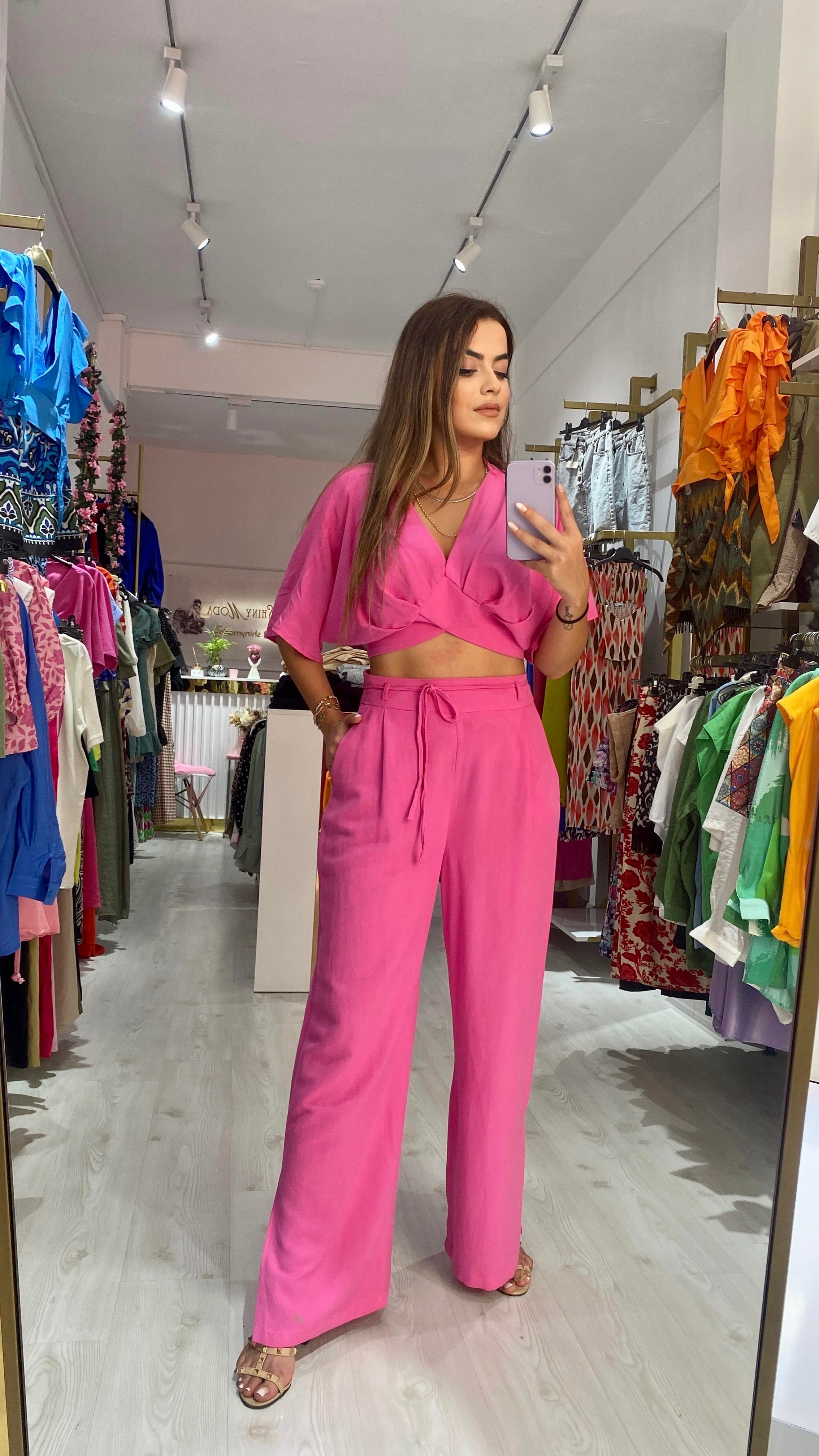 PEMBE KETEN PANTOLONLU İKİLİ TAKIM