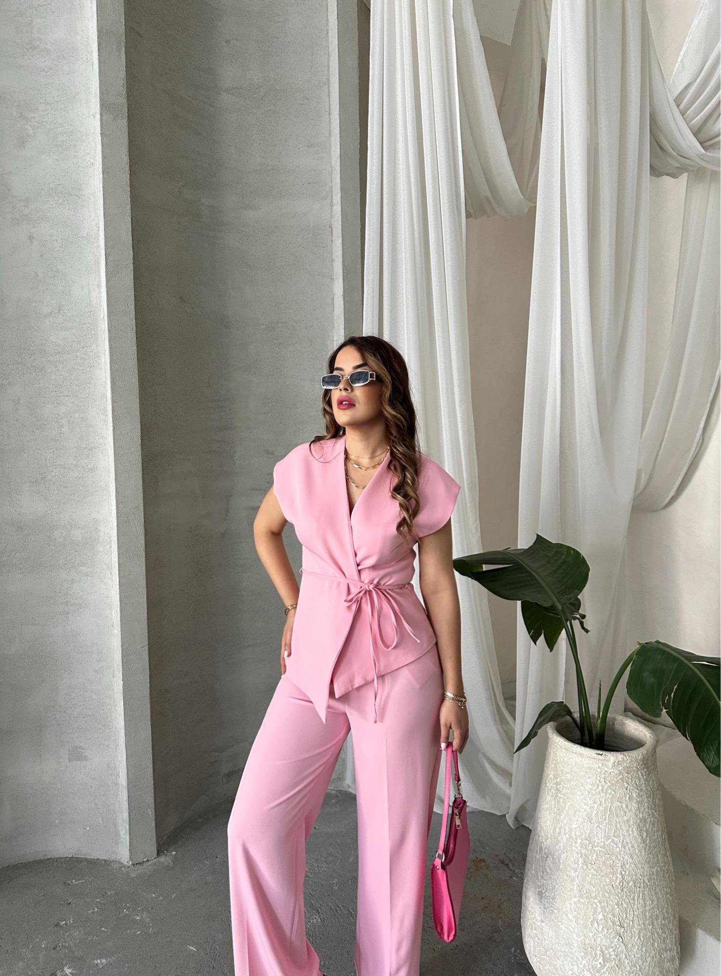 PEMBE YELEKLİ PALAZZO TAKIM