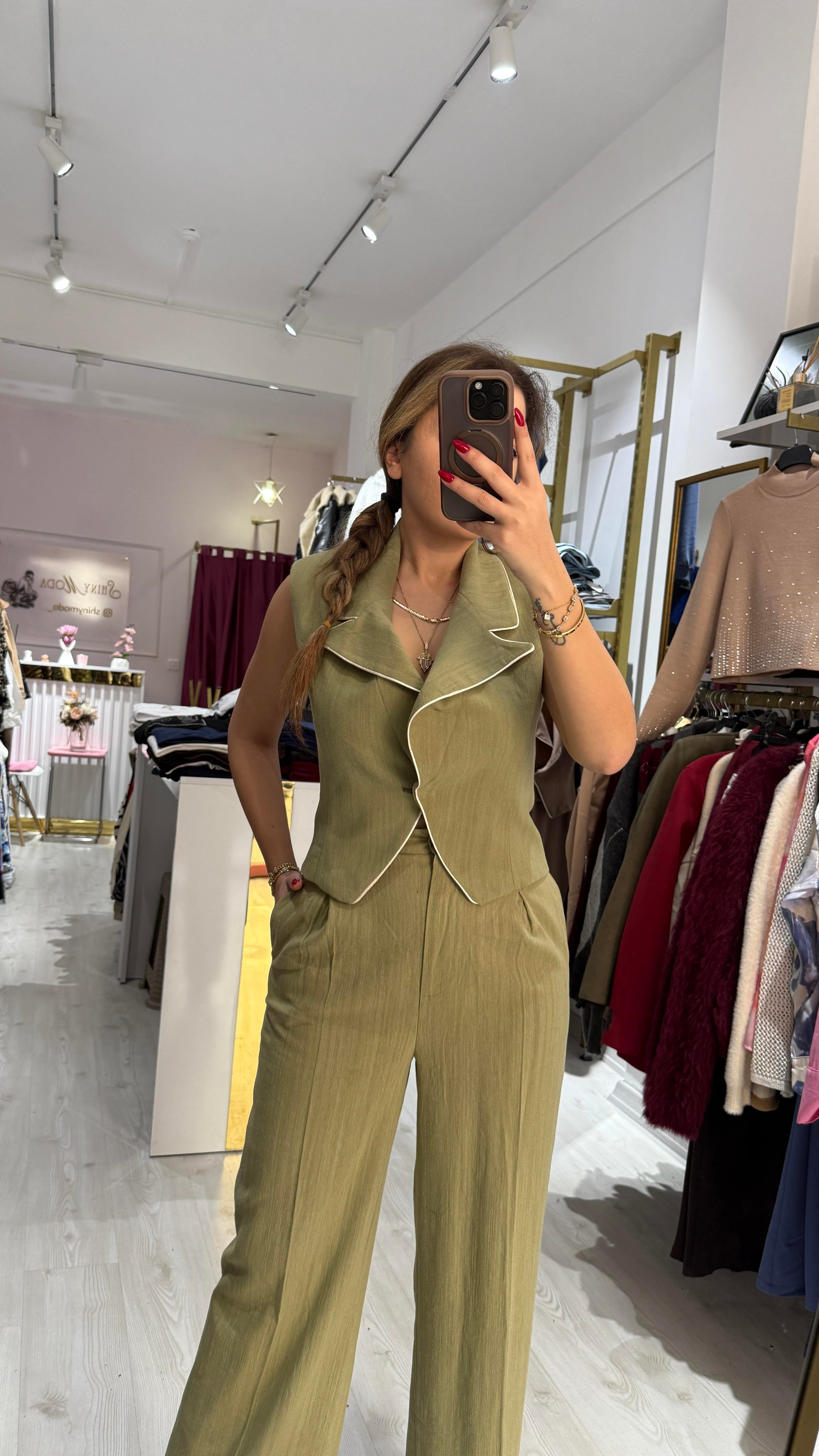SOFT YEŞİL YELEKLİ KETEN TAKIM