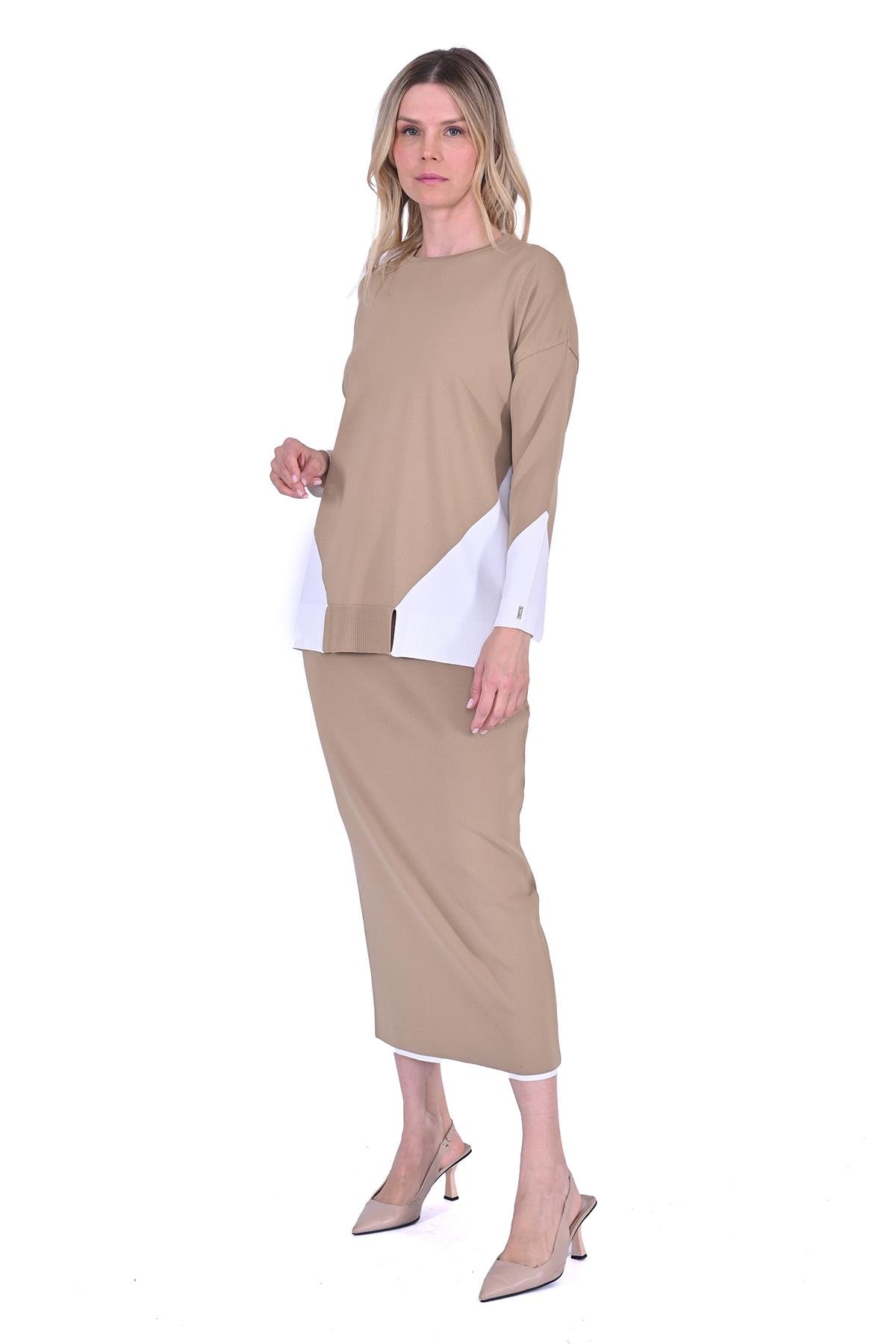 Gometrik Triko Tunik CAMEL