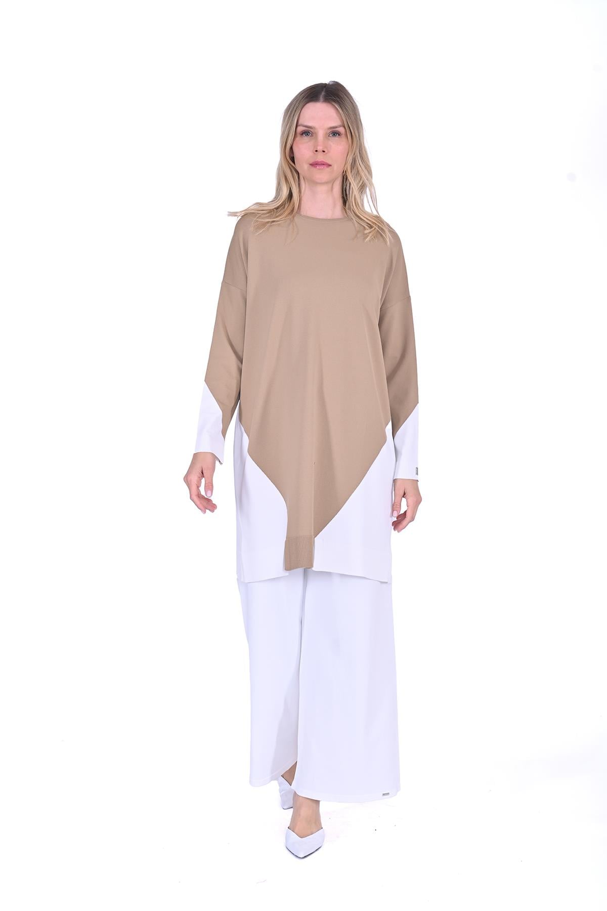 Gometrik Triko Tunik CAMEL