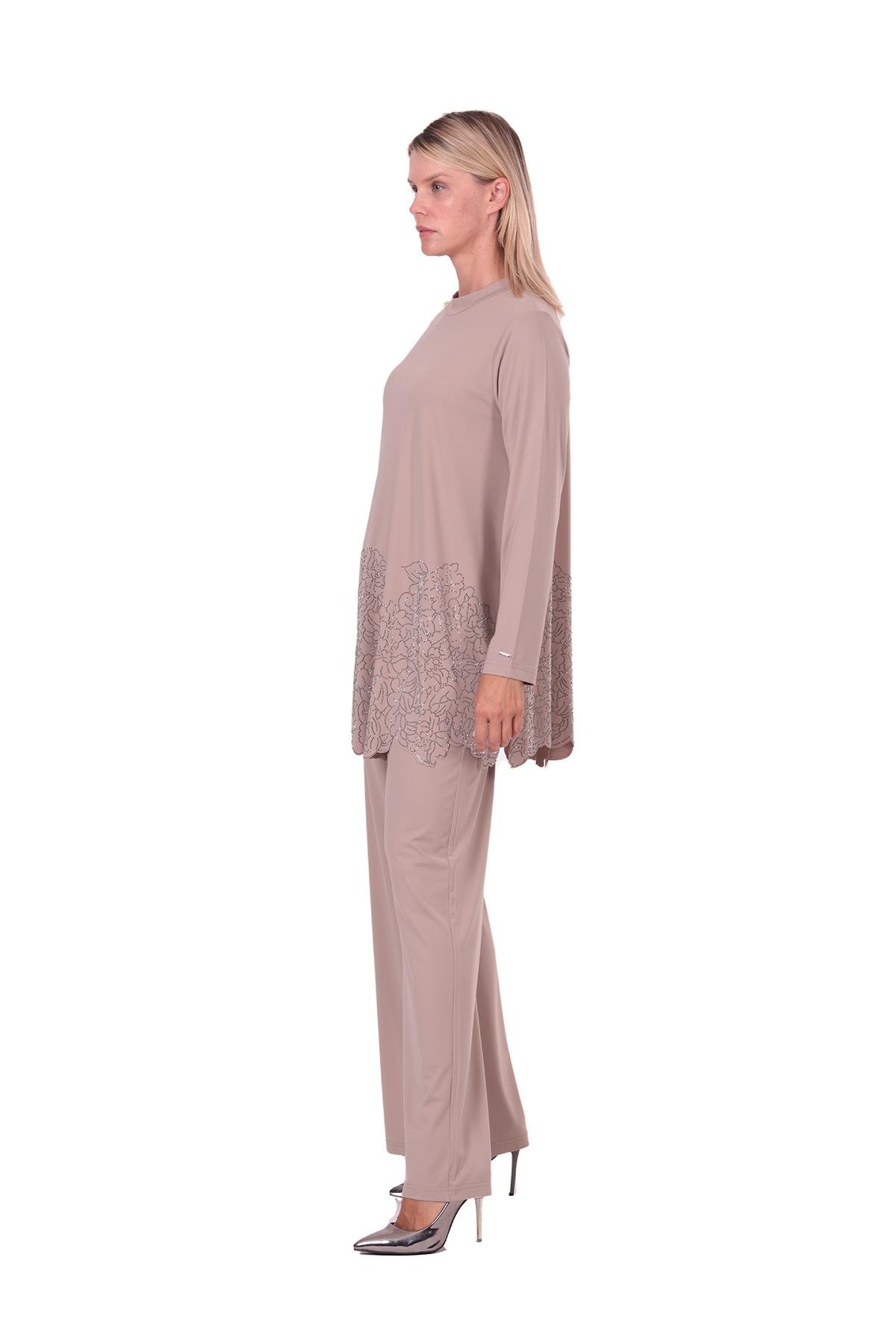 Gül Taşlı Rayon Penye Takım BEJ