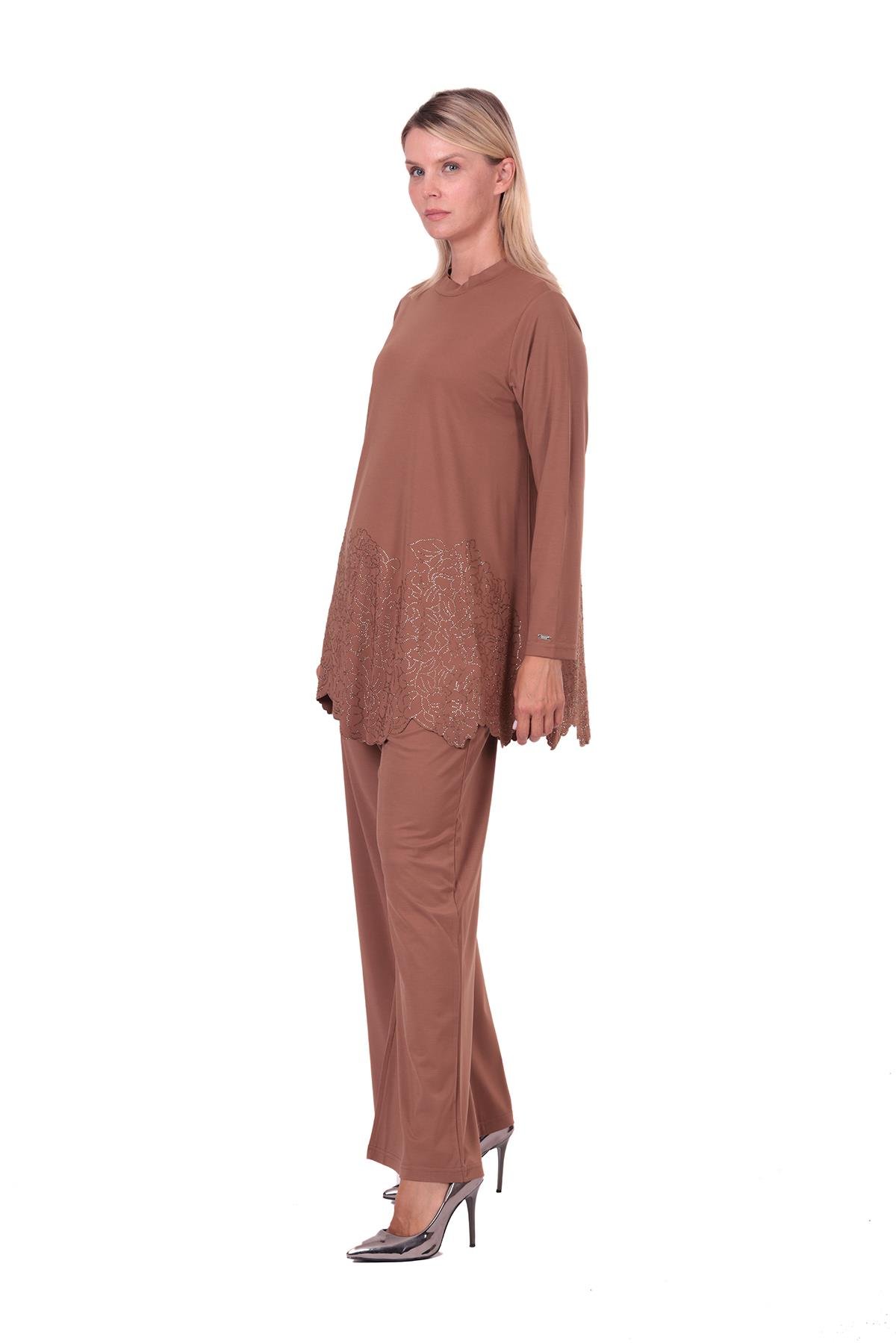 Gül Taşlı Rayon Penye Takım KAHVE