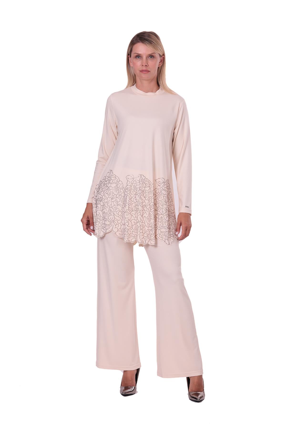 Gül Taşlı Rayon Penye Takım KREM
