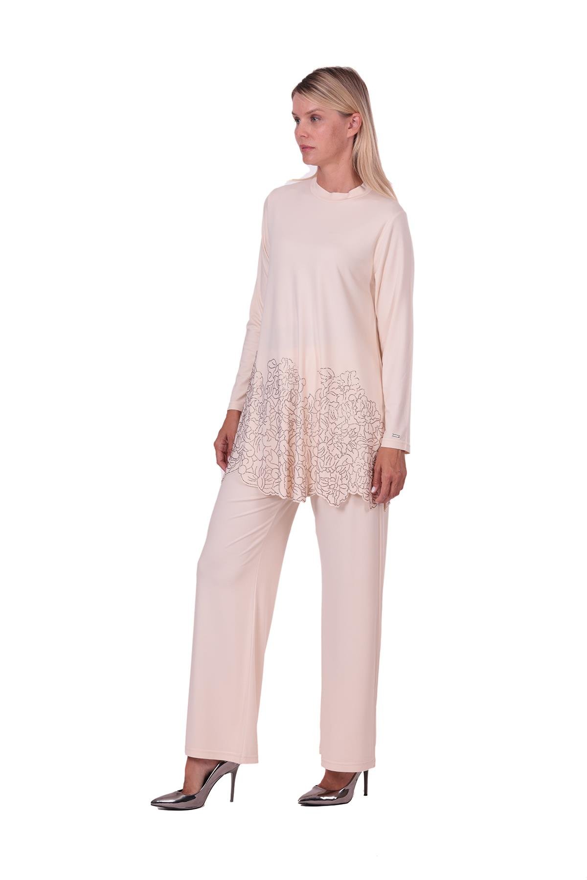 Gül Taşlı Rayon Penye Takım KREM