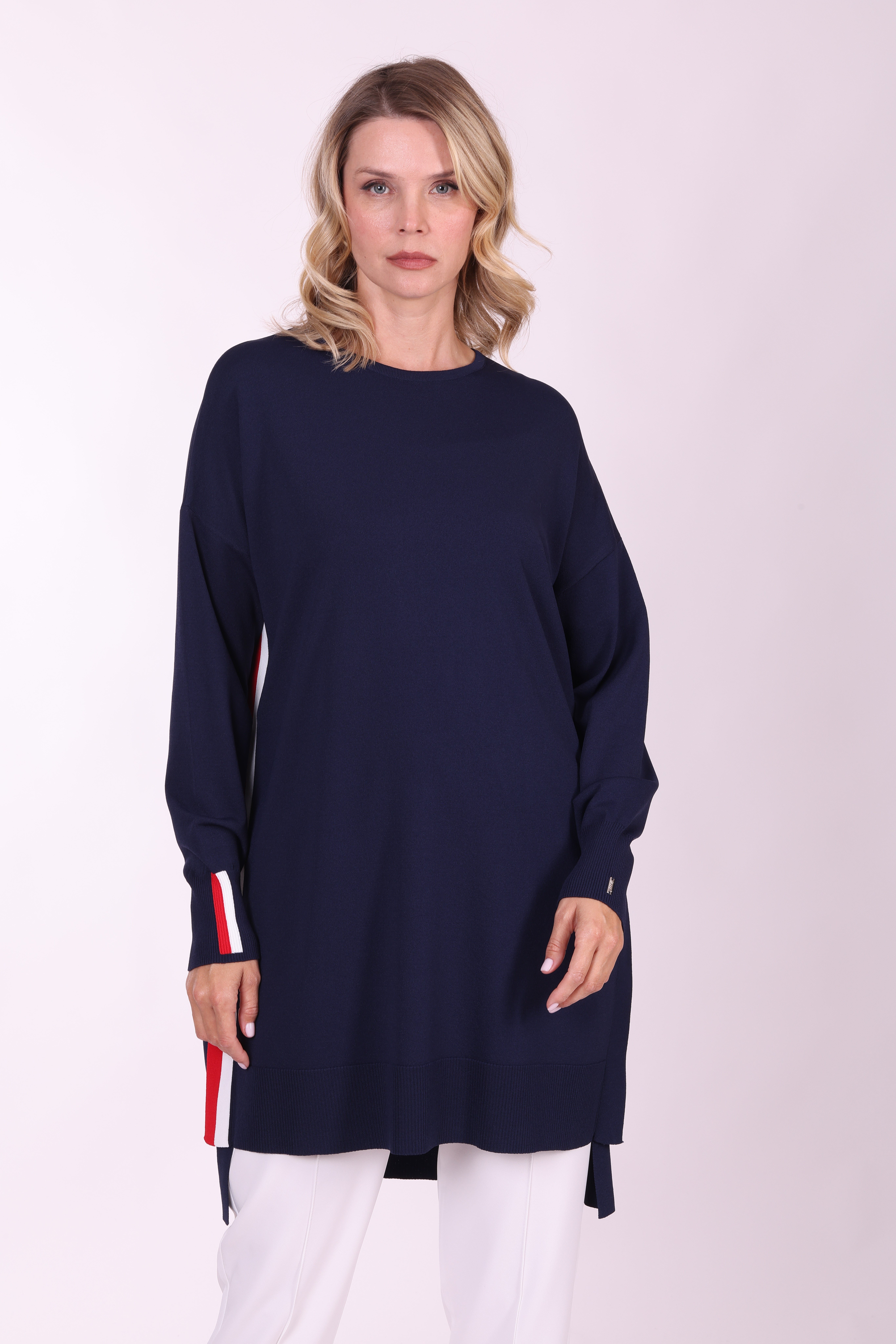 Oversize Renk Detaylı Triko Tunik LACİVERT
