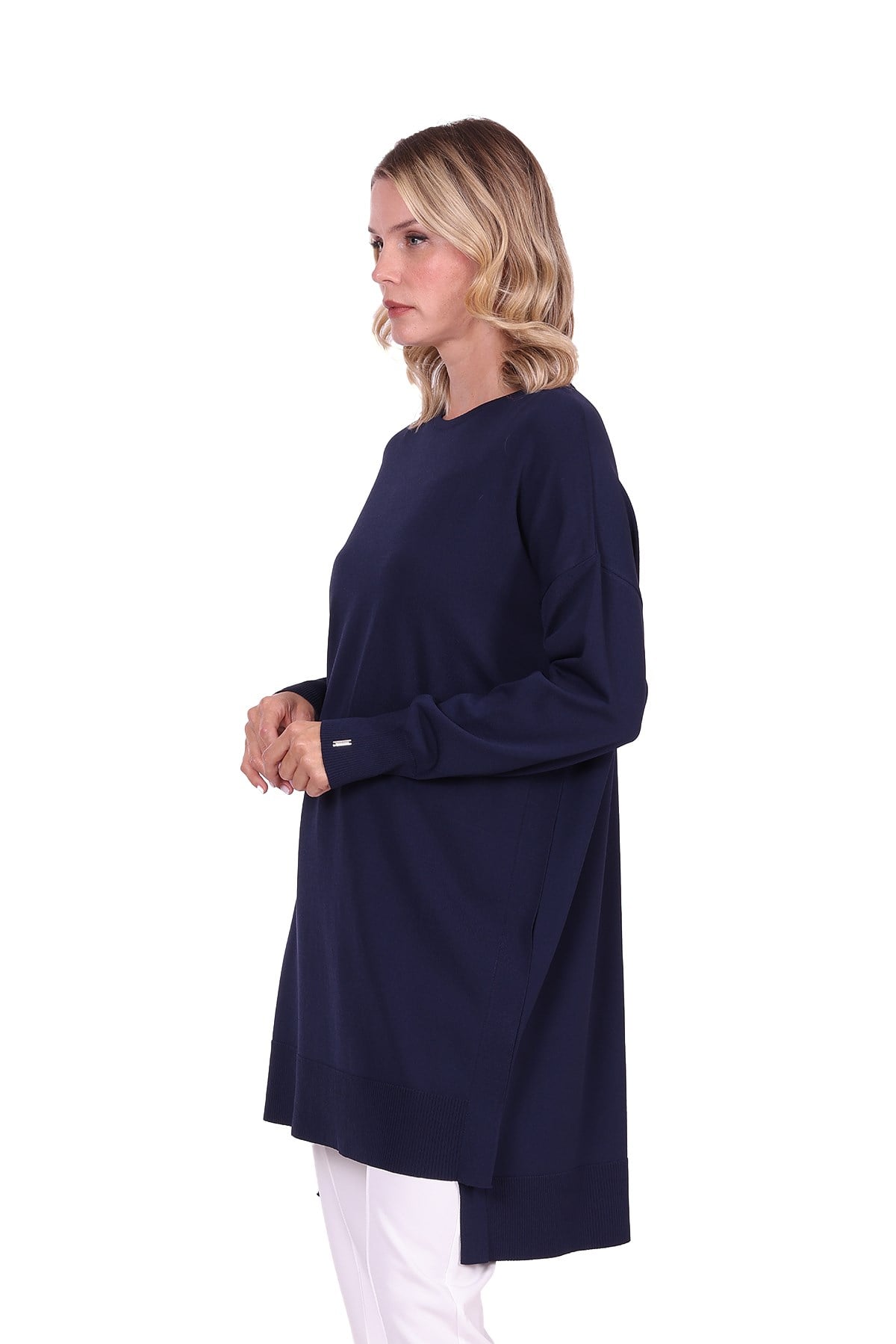 Oversize Renk Detaylı Triko Tunik LACİVERT