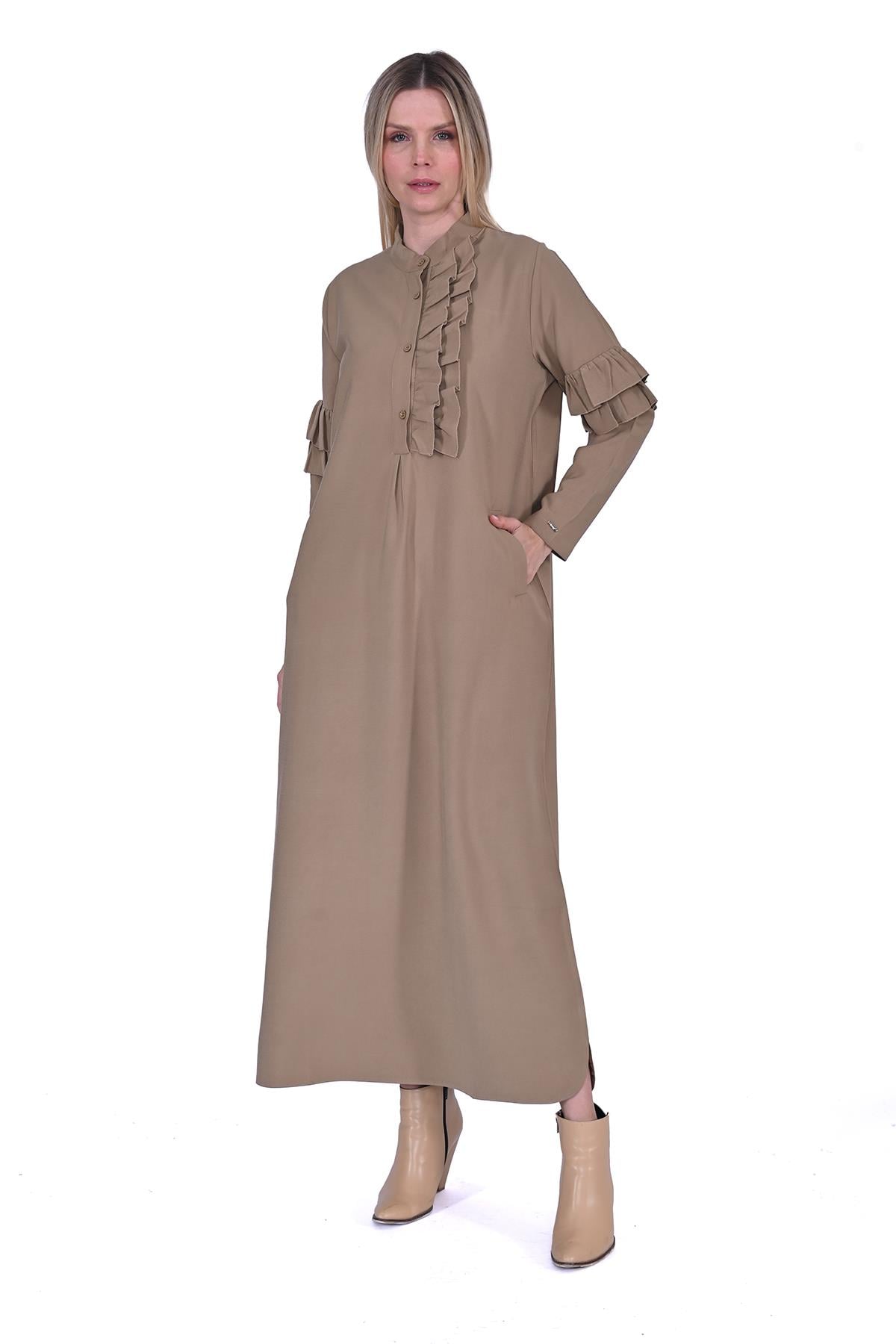 Patlı Fırfır Elbise CAMEL