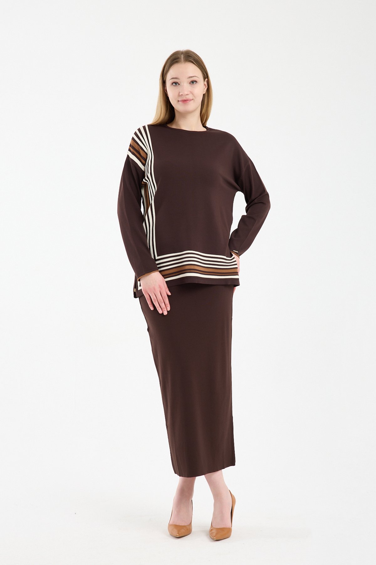 Şerit Triko Tunik KAHVE