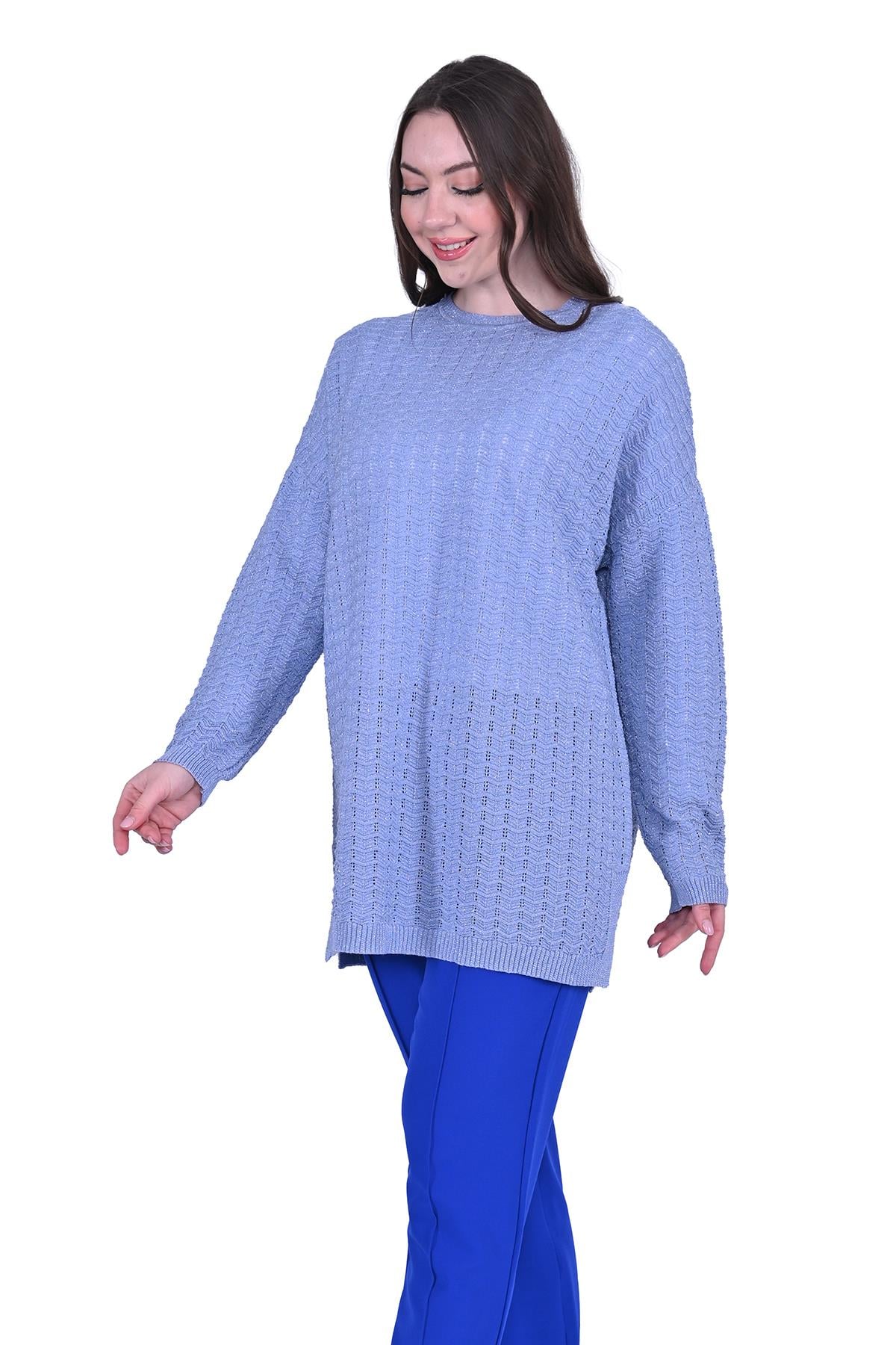 Simli Ripple Triko Tunik MAVİ