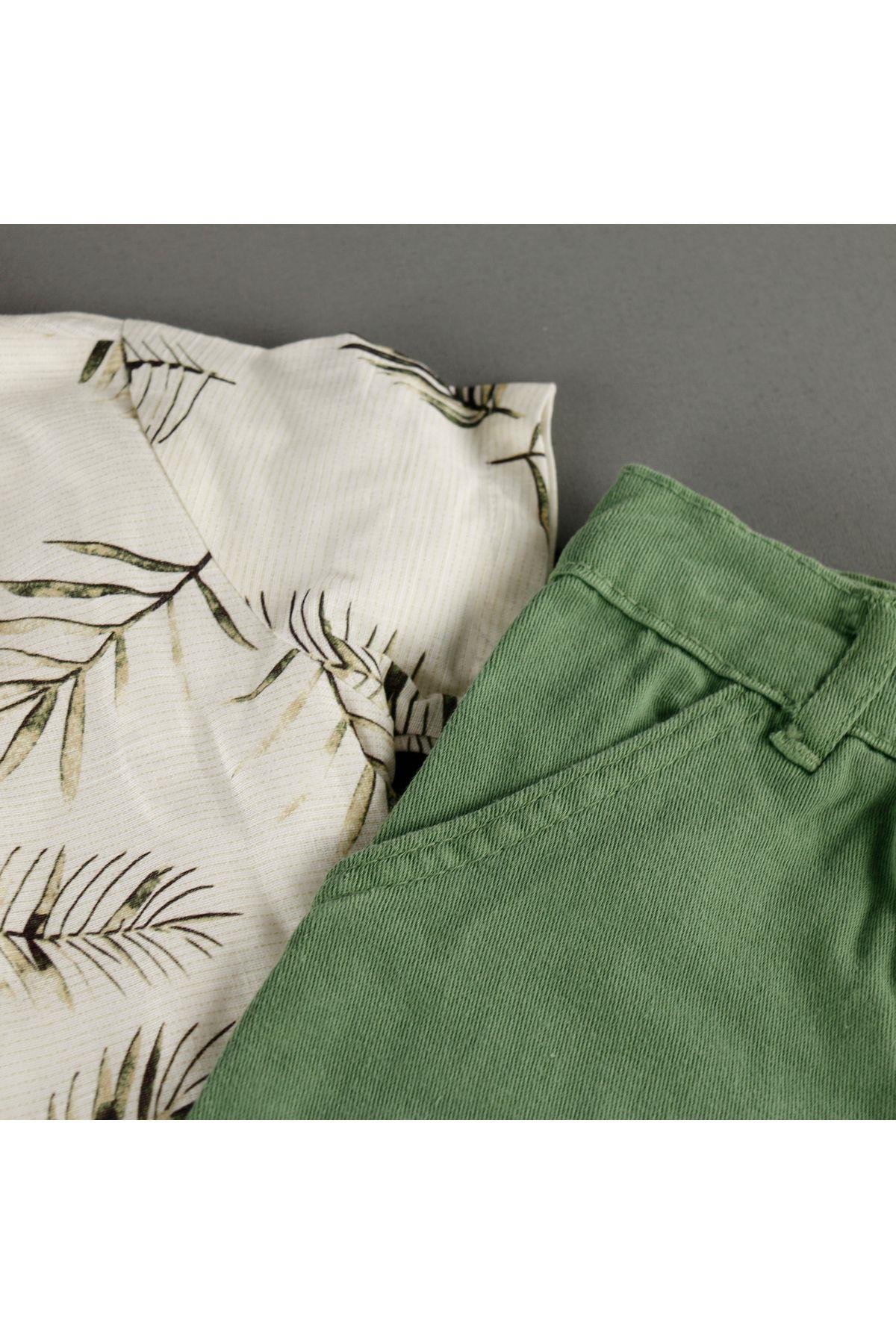 Baskılı Keten Gömlekli Pantalonlu T-Shirt 3'Lü Erkek Takım
