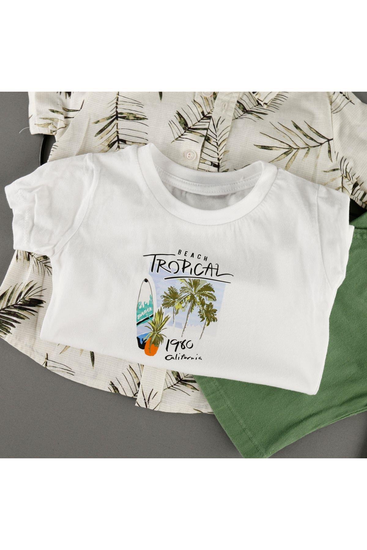 Baskılı Keten Gömlekli Pantalonlu T-Shirt 3'Lü Erkek Takım