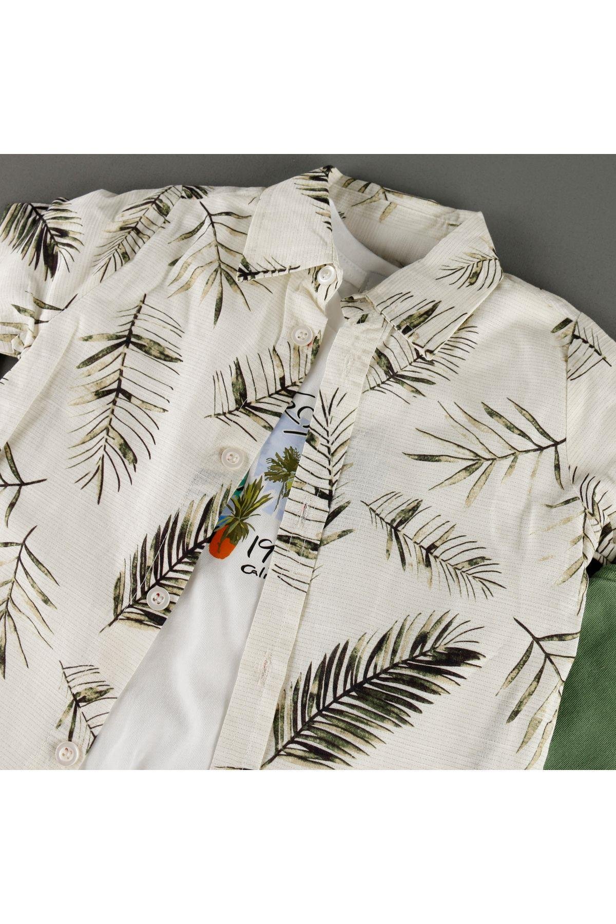 Baskılı Keten Gömlekli Pantalonlu T-Shirt 3'Lü Erkek Takım