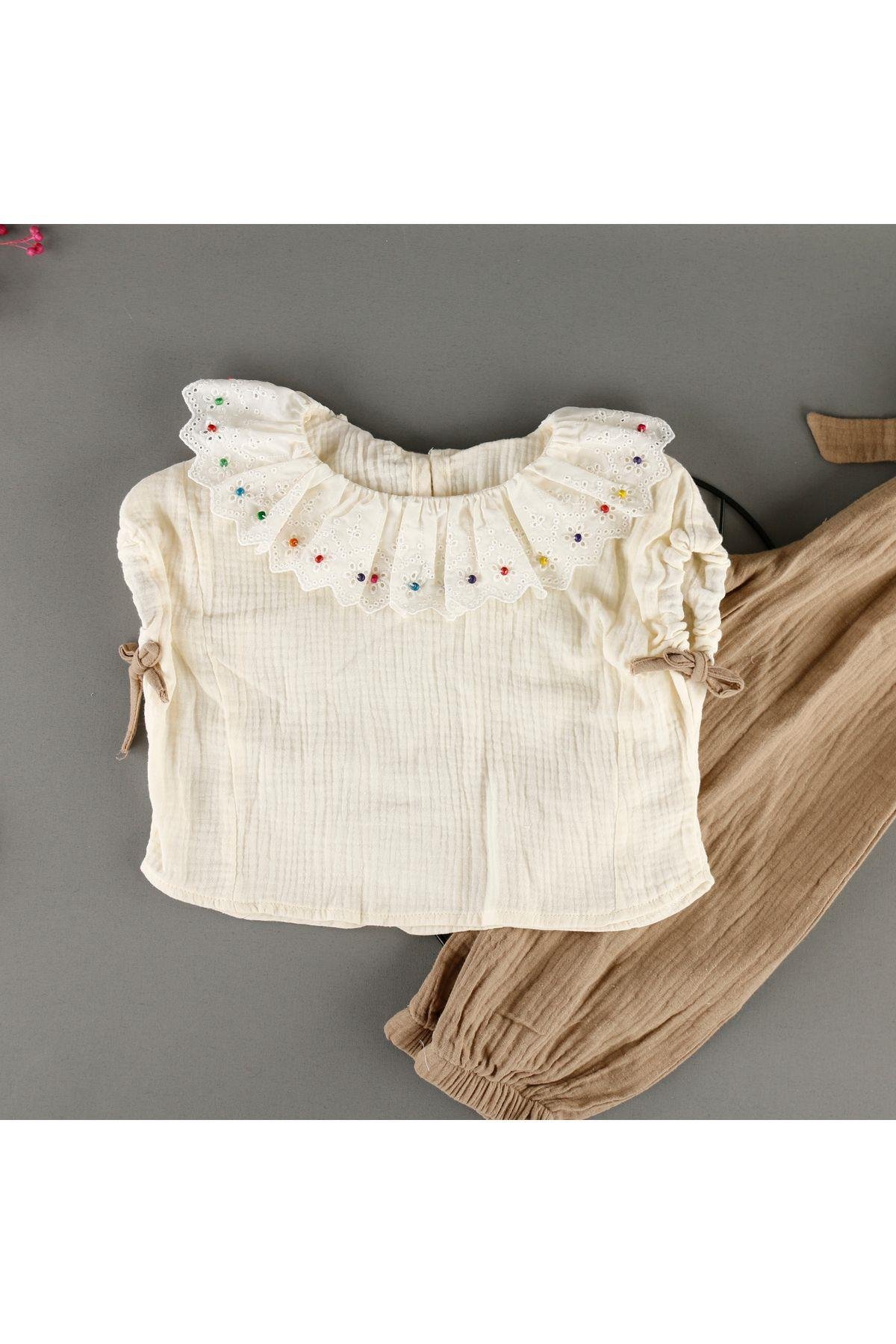 Bebe Yaka Boncuk Detaylı Muslin Kız 2'Li Takım